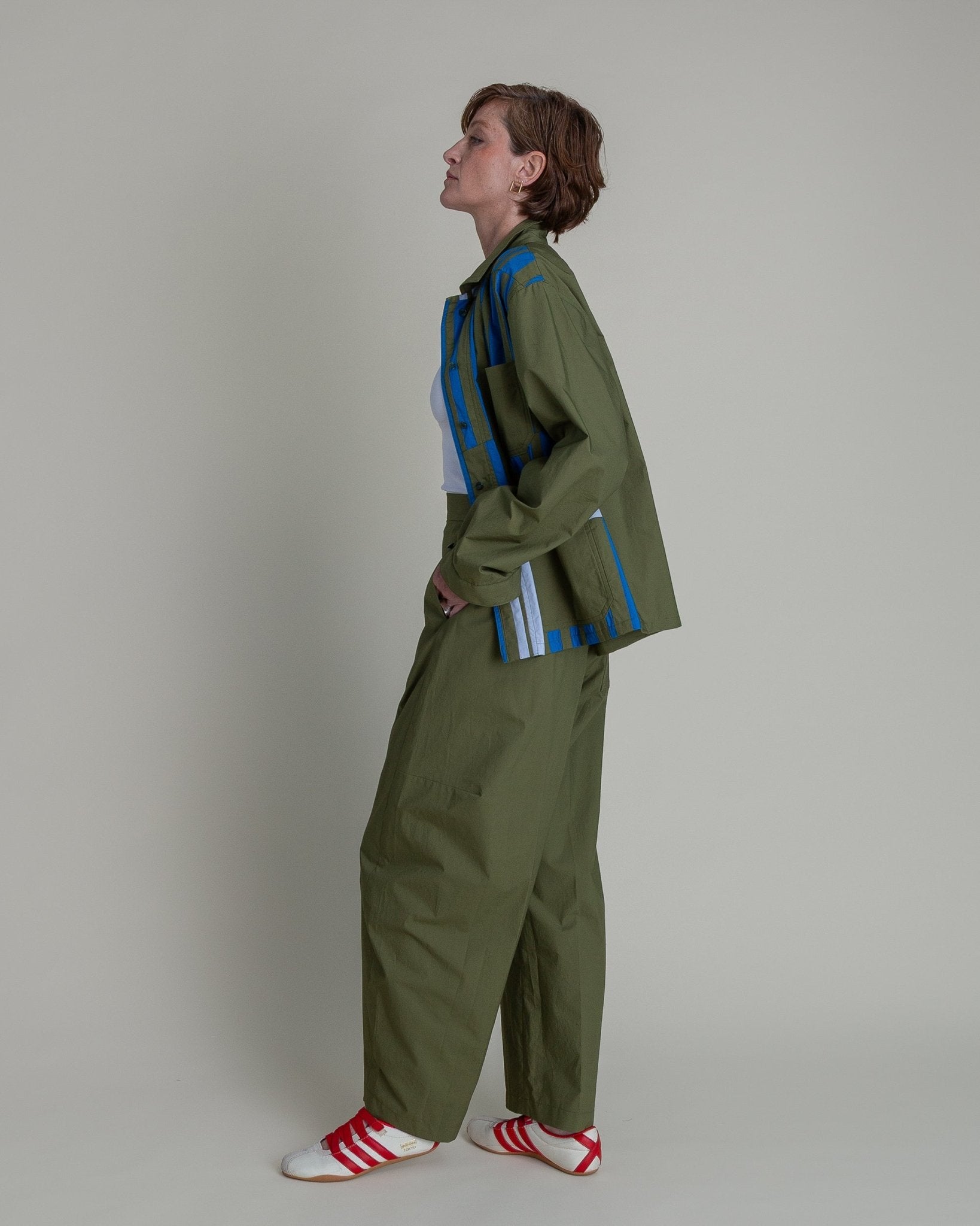 Chore Jacket in Green Cotton Poplin with Pieced BarsChore Jacket