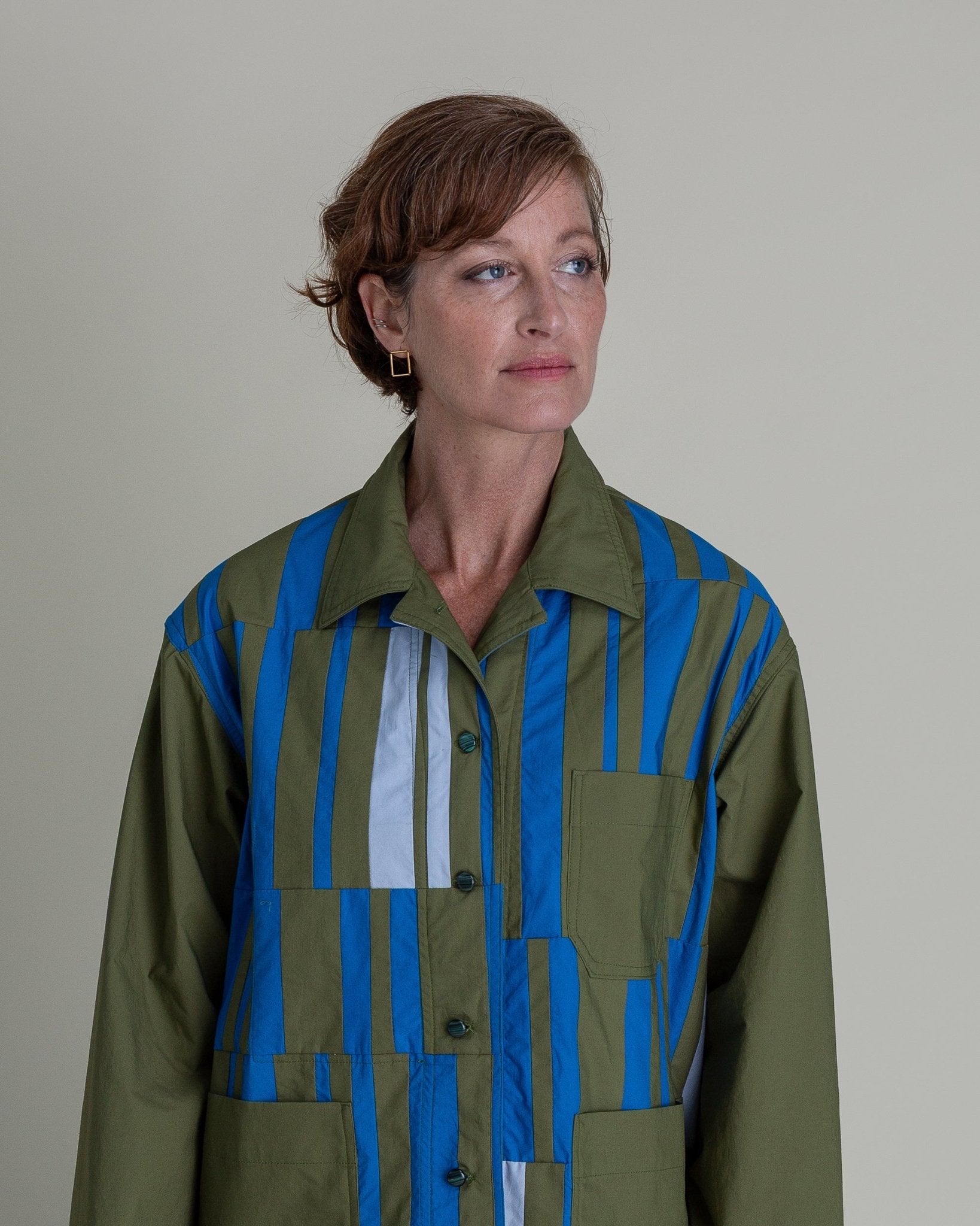 Chore Jacket in Green Cotton Poplin with Pieced BarsChore Jacket
