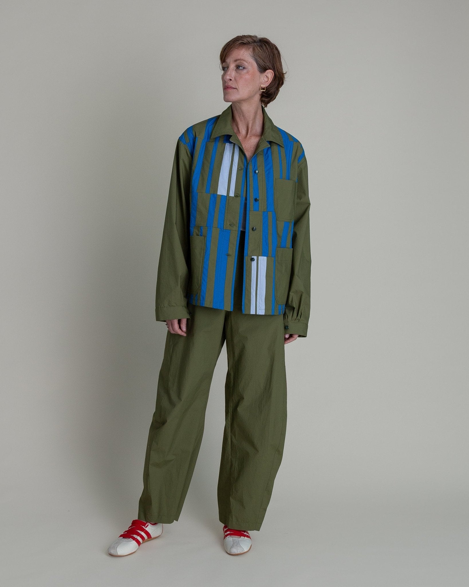 Chore Jacket in Green Cotton Poplin with Pieced BarsChore Jacket