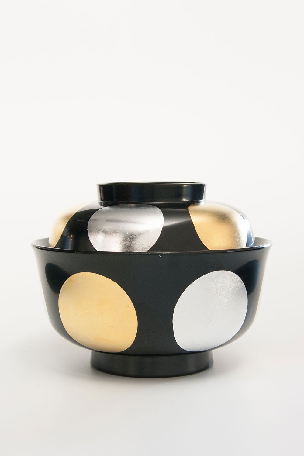 Covered Black Lacquer Soup Bowl with DotsLacquerware