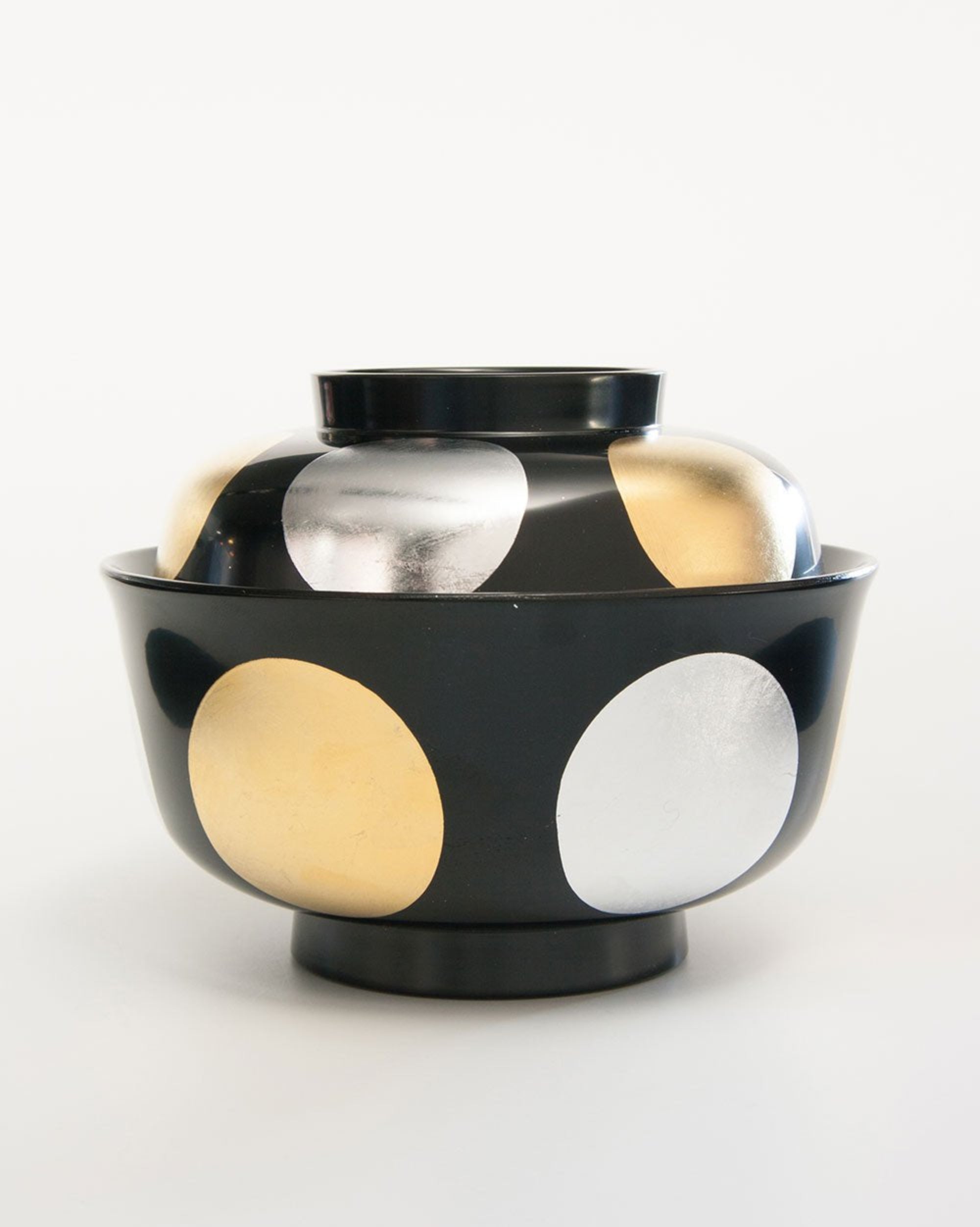 Covered Black Lacquer Soup Bowl with DotsLacquerware