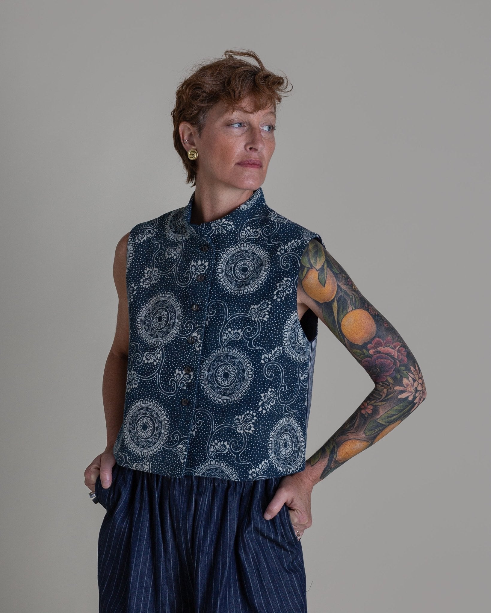 Cropped Mandarin Vest in Vintage Stenciled CottonMandarin Vests