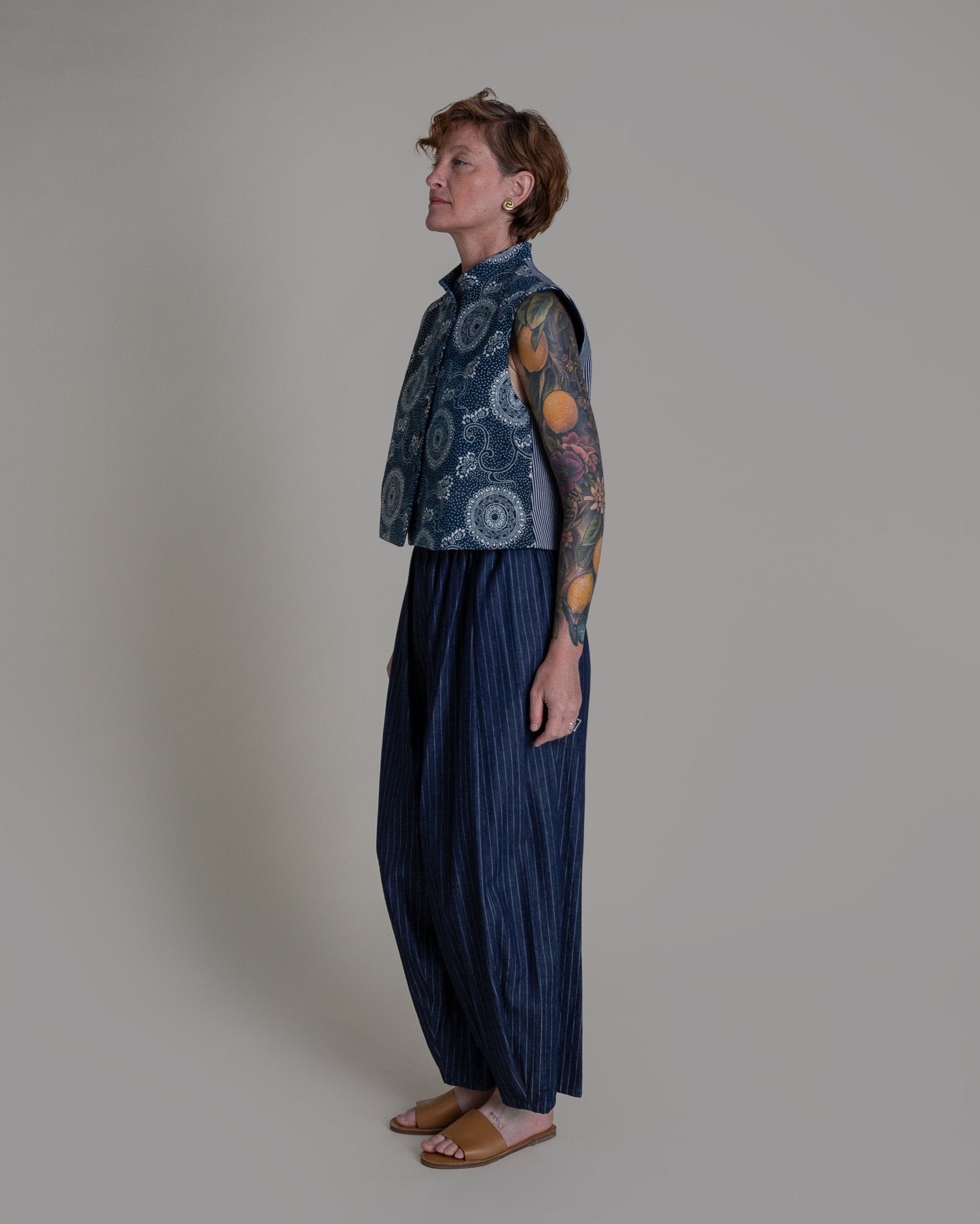 Cropped Mandarin Vest in Vintage Stenciled CottonMandarin Vests