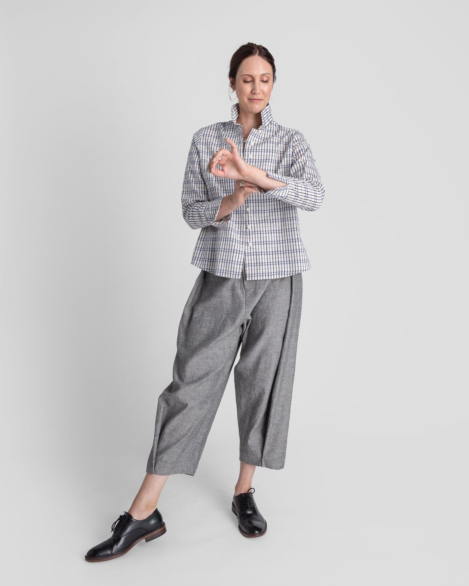 Cropped Shibori Shirt with Cuff in Vintage Japanese Cotton Ikat Grid.Shibori Shirt