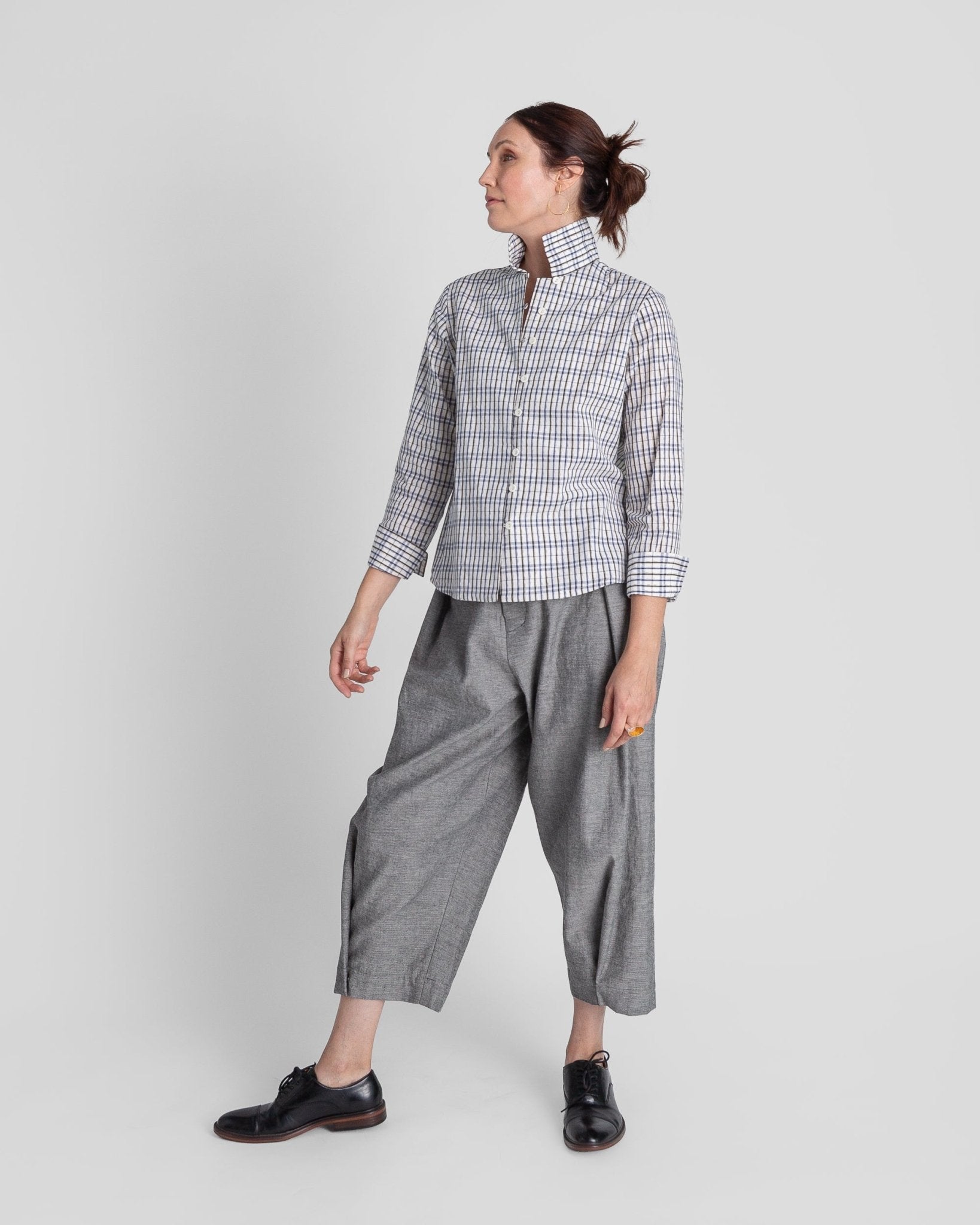 Cropped Shibori Shirt with Cuff in Vintage Japanese Cotton Ikat Grid.Shibori Shirt