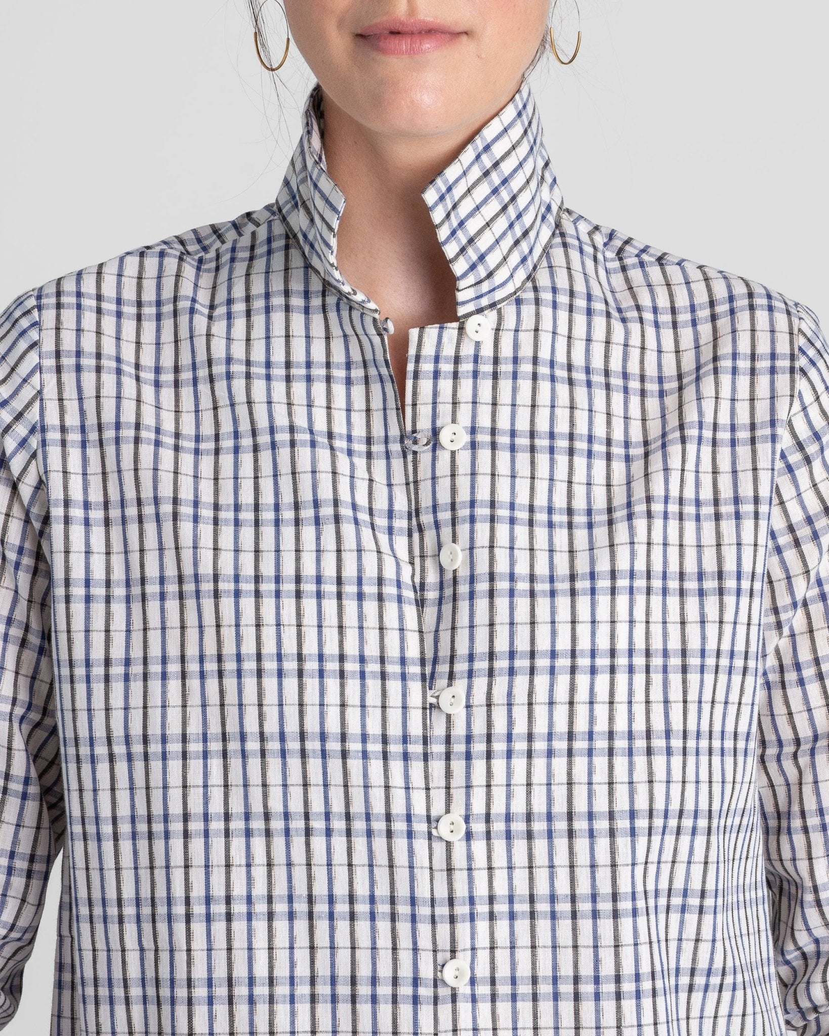 Cropped Shibori Shirt with Cuff in Vintage Japanese Cotton Ikat Grid.Shibori Shirt