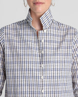 Cropped Shibori Shirt with Cuff in Vintage Japanese Cotton Ikat Grid.Shibori Shirt