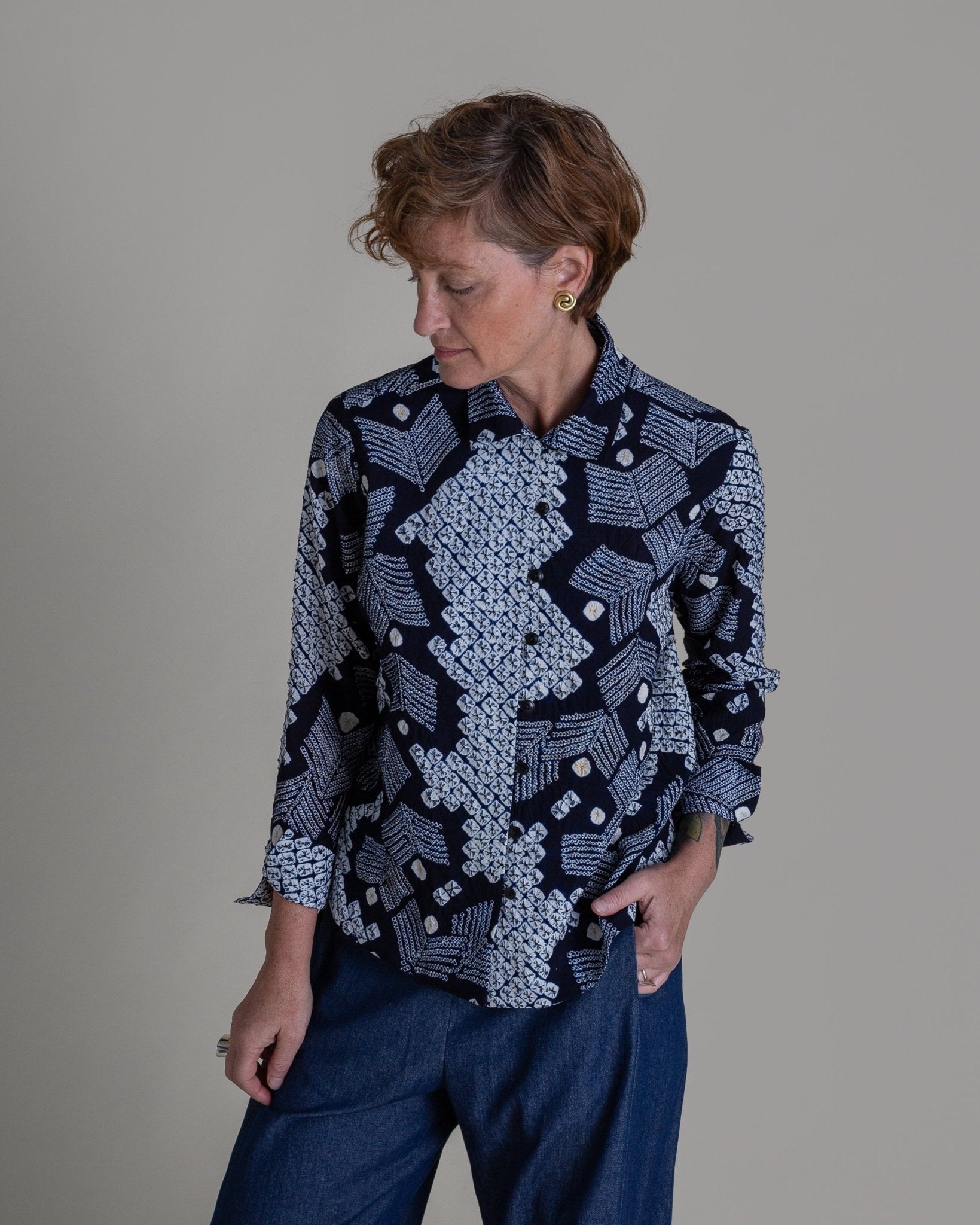 Cropped Shibori Shirt with Cuff in Vintage Japanese Tie Dye CottonShibori Shirt