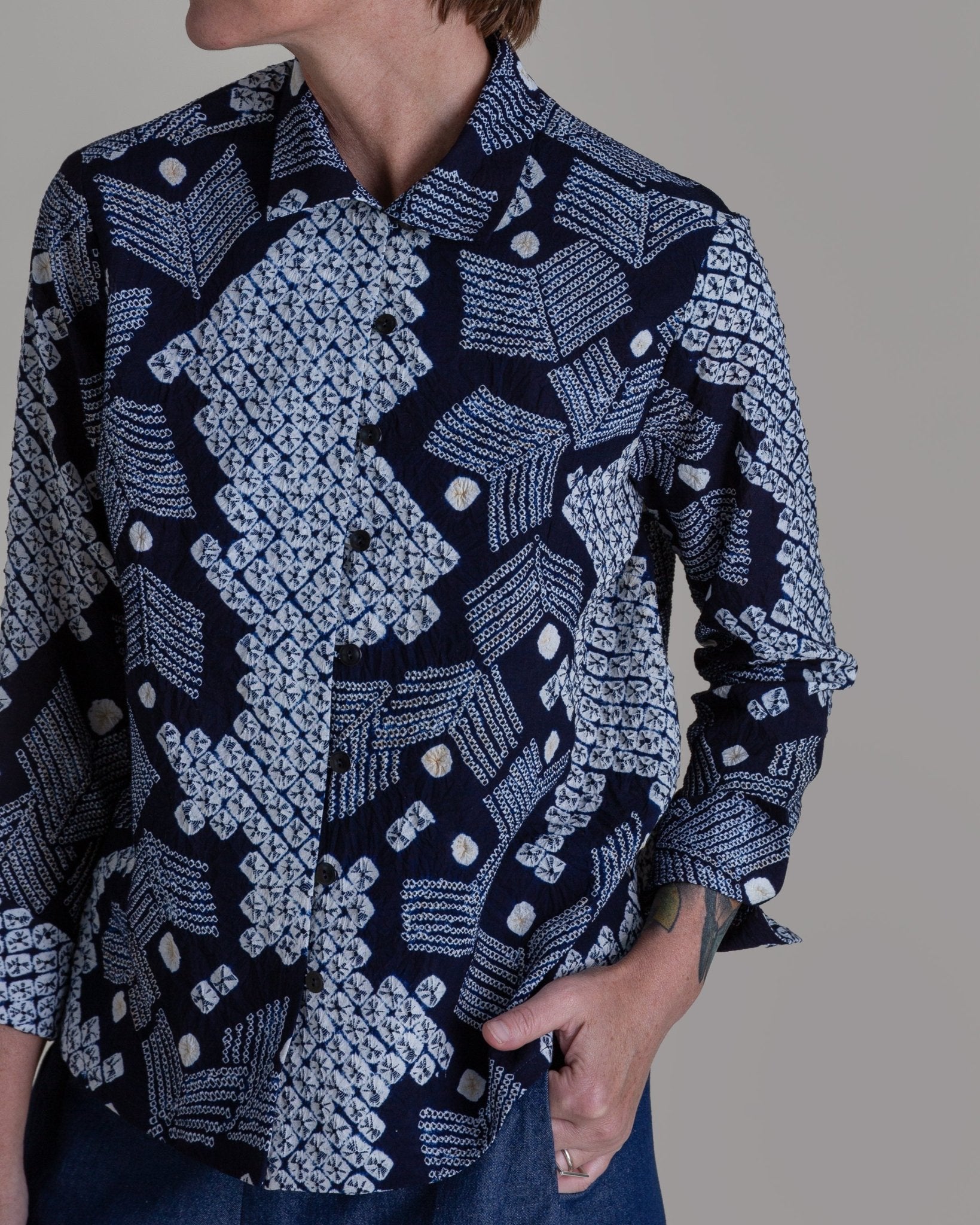 Cropped Shibori Shirt with Cuff in Vintage Japanese Tie Dye CottonShibori Shirt