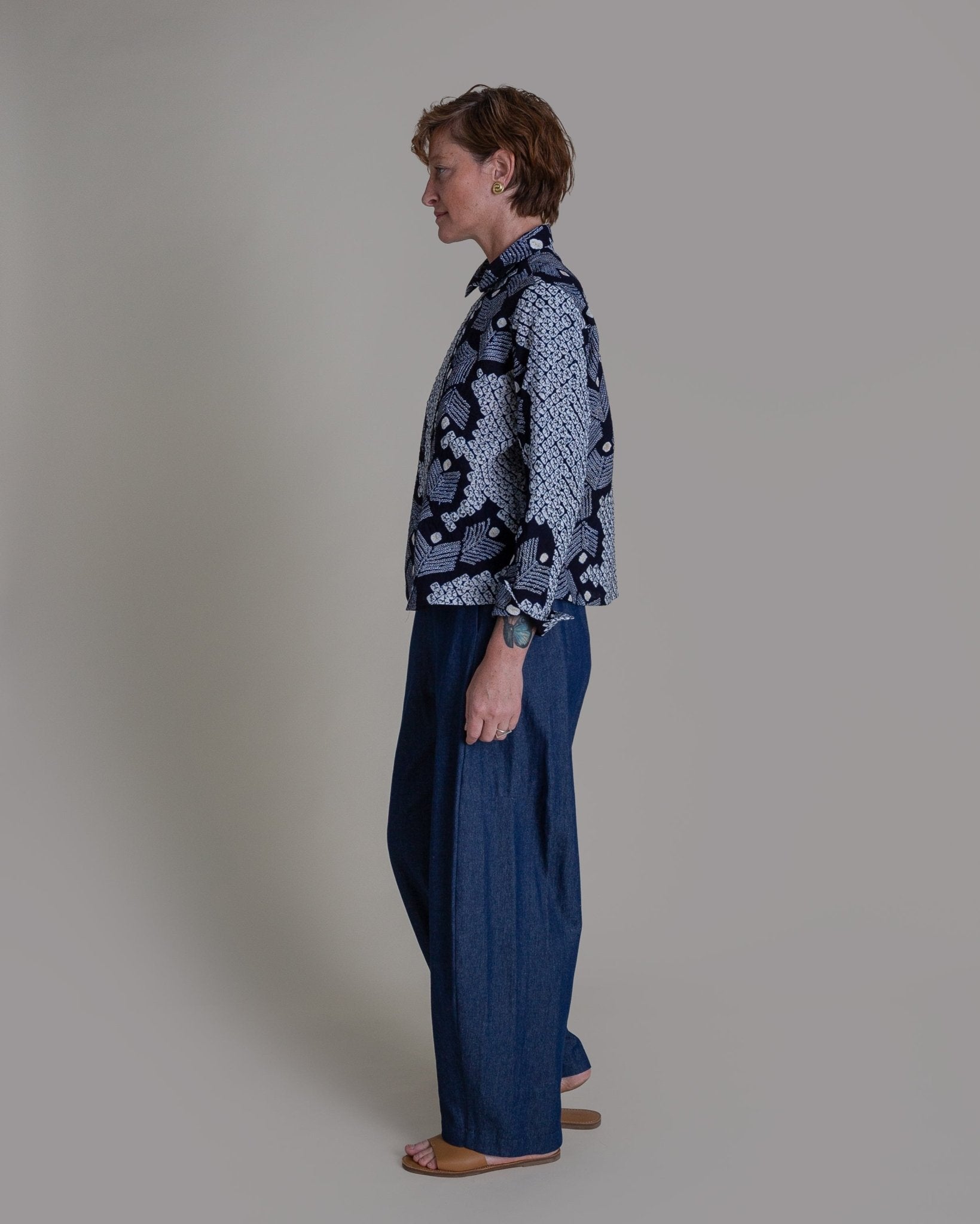 Cropped Shibori Shirt with Cuff in Vintage Japanese Tie Dye CottonShibori Shirt