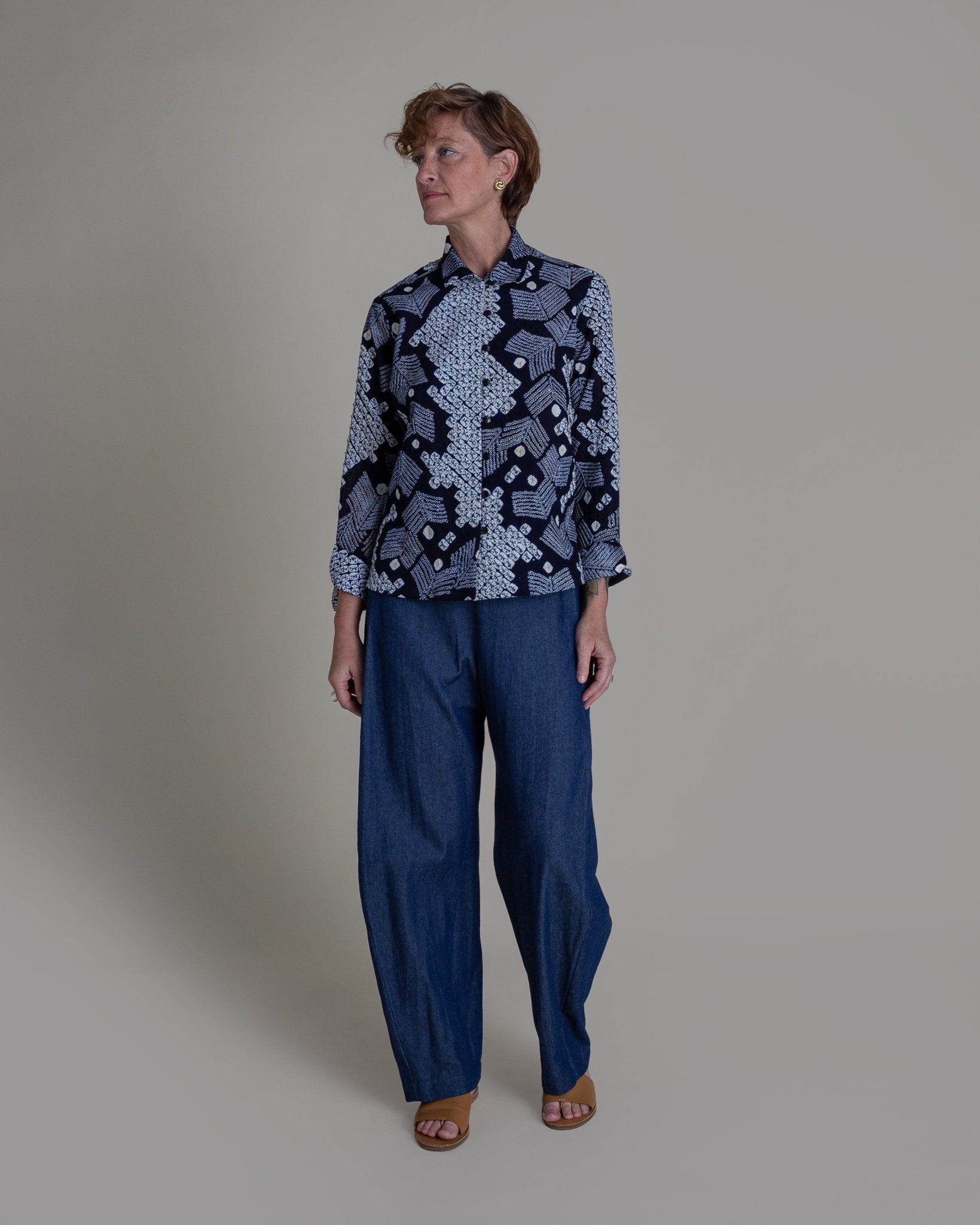 Cropped Shibori Shirt with Cuff in Vintage Japanese Tie Dye CottonShibori Shirt