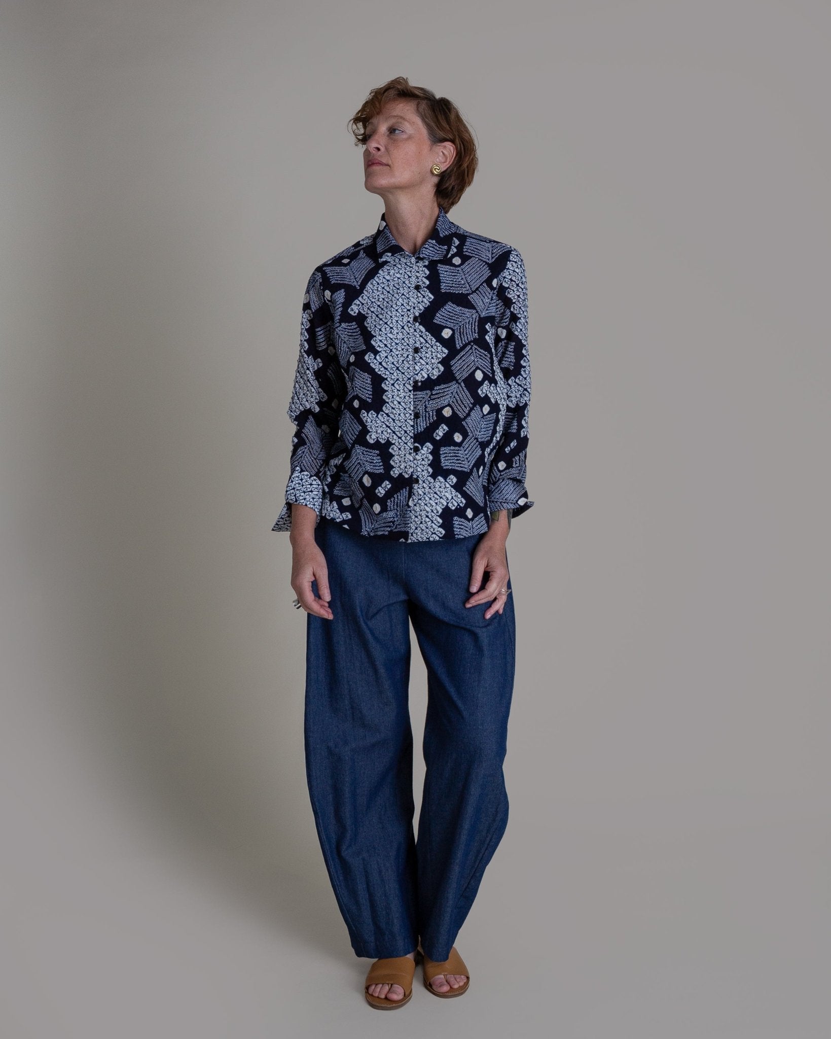 Cropped Shibori Shirt with Cuff in Vintage Japanese Tie Dye CottonShibori Shirt