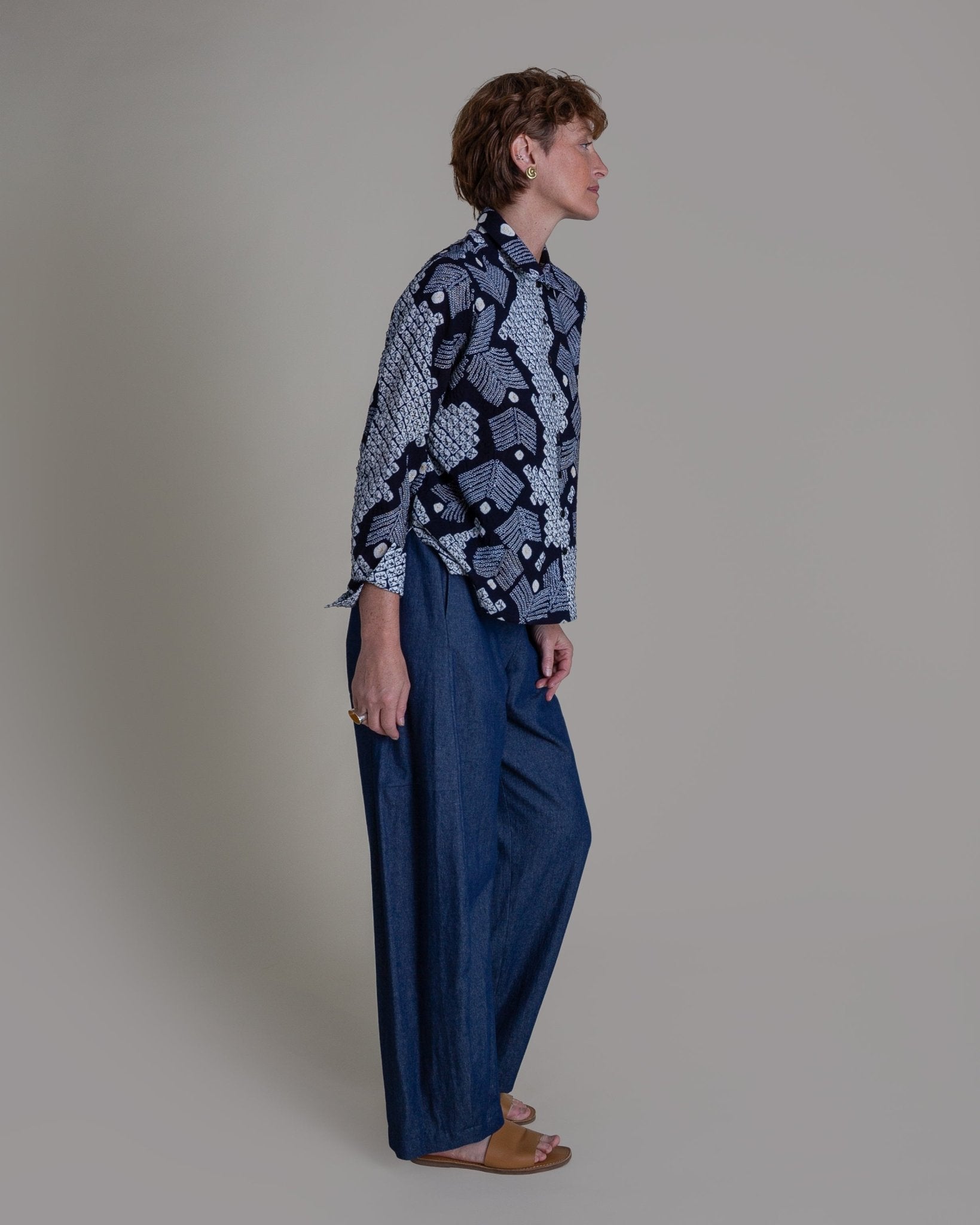 Cropped Shibori Shirt with Cuff in Vintage Japanese Tie Dye CottonShibori Shirt