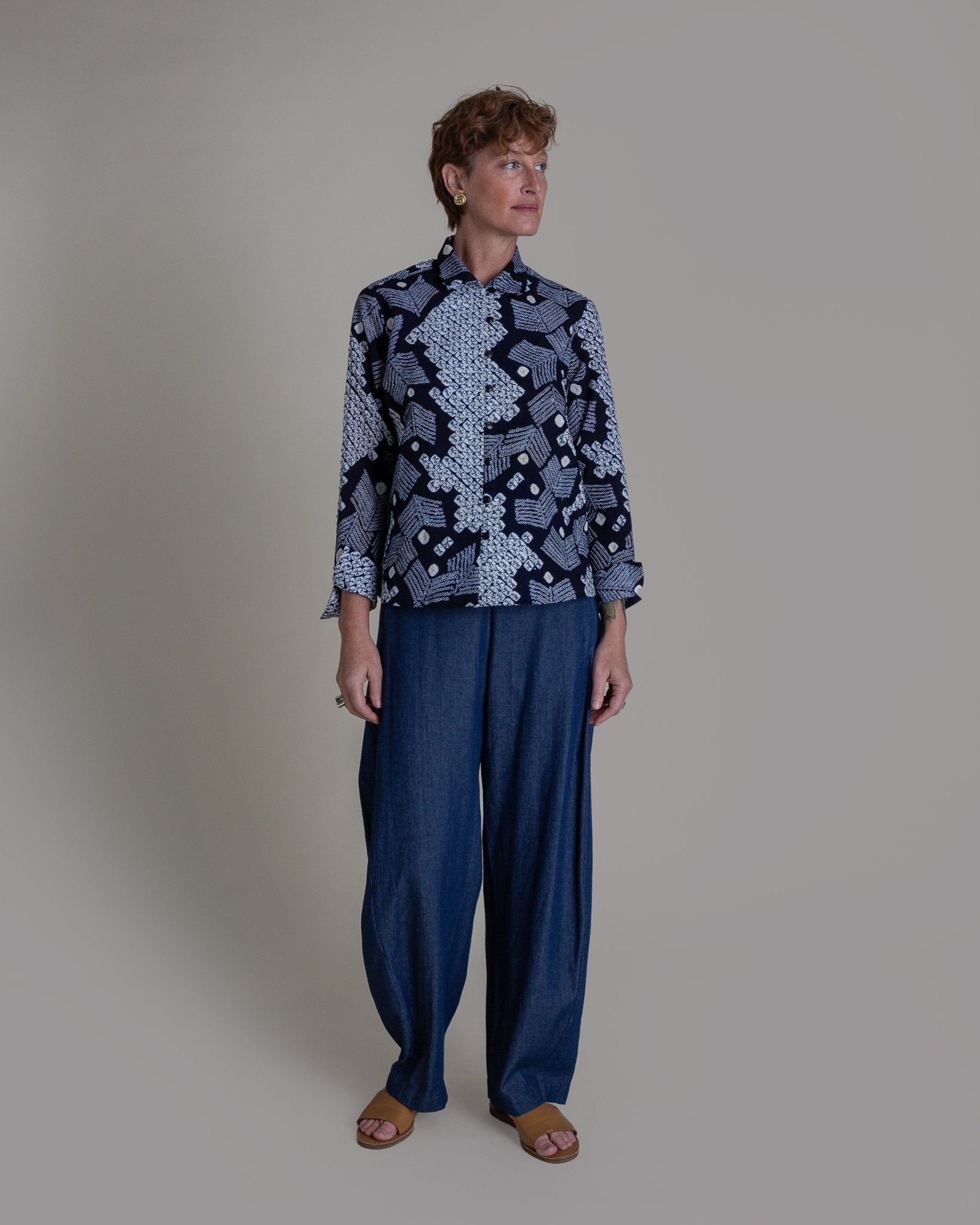 Cropped Shibori Shirt with Cuff in Vintage Japanese Tie Dye CottonShibori Shirt