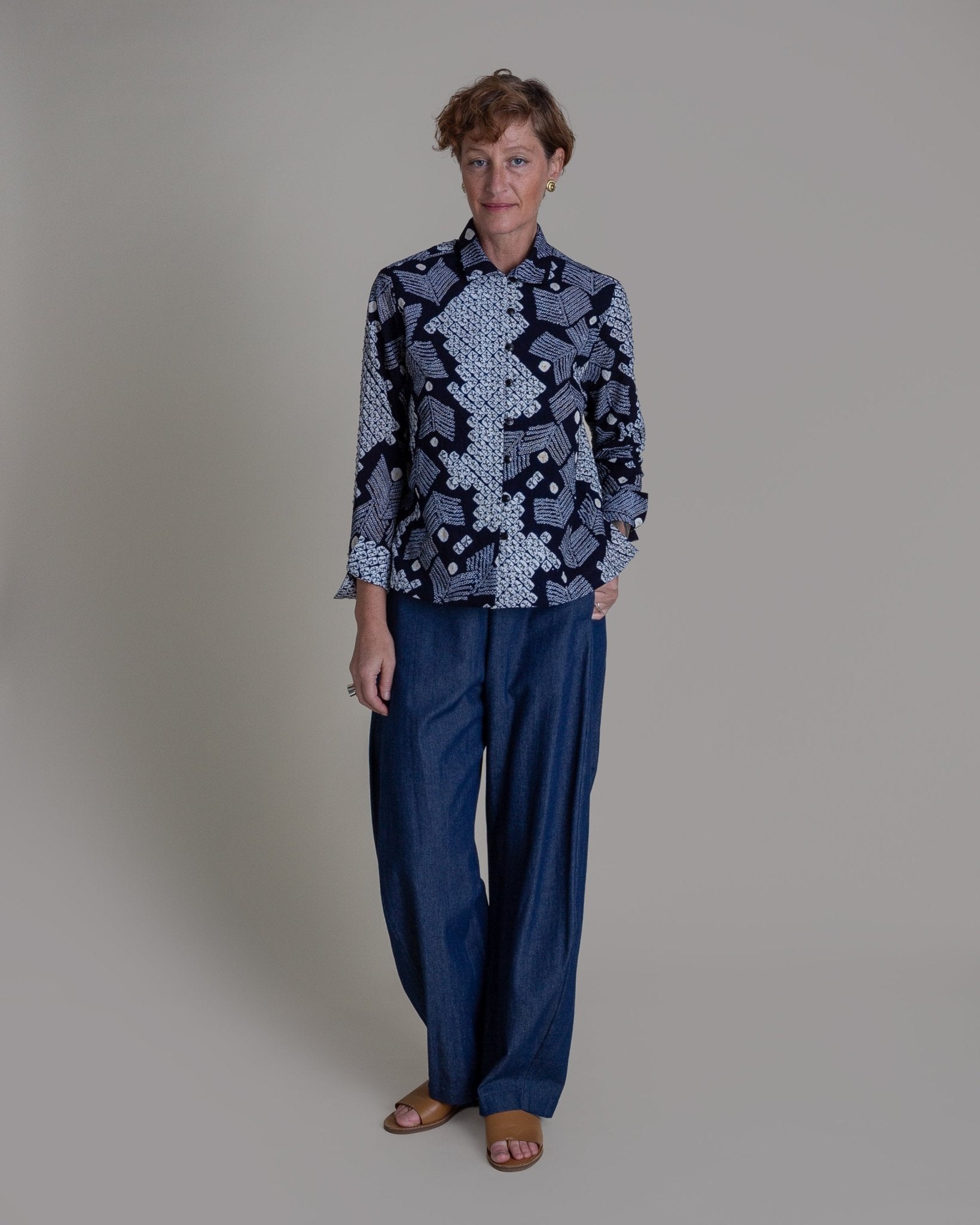 Cropped Shibori Shirt with Cuff in Vintage Japanese Tie Dye CottonShibori Shirt