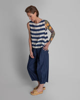 Drawstring Top in Blue and White Striped SilkSleeveless