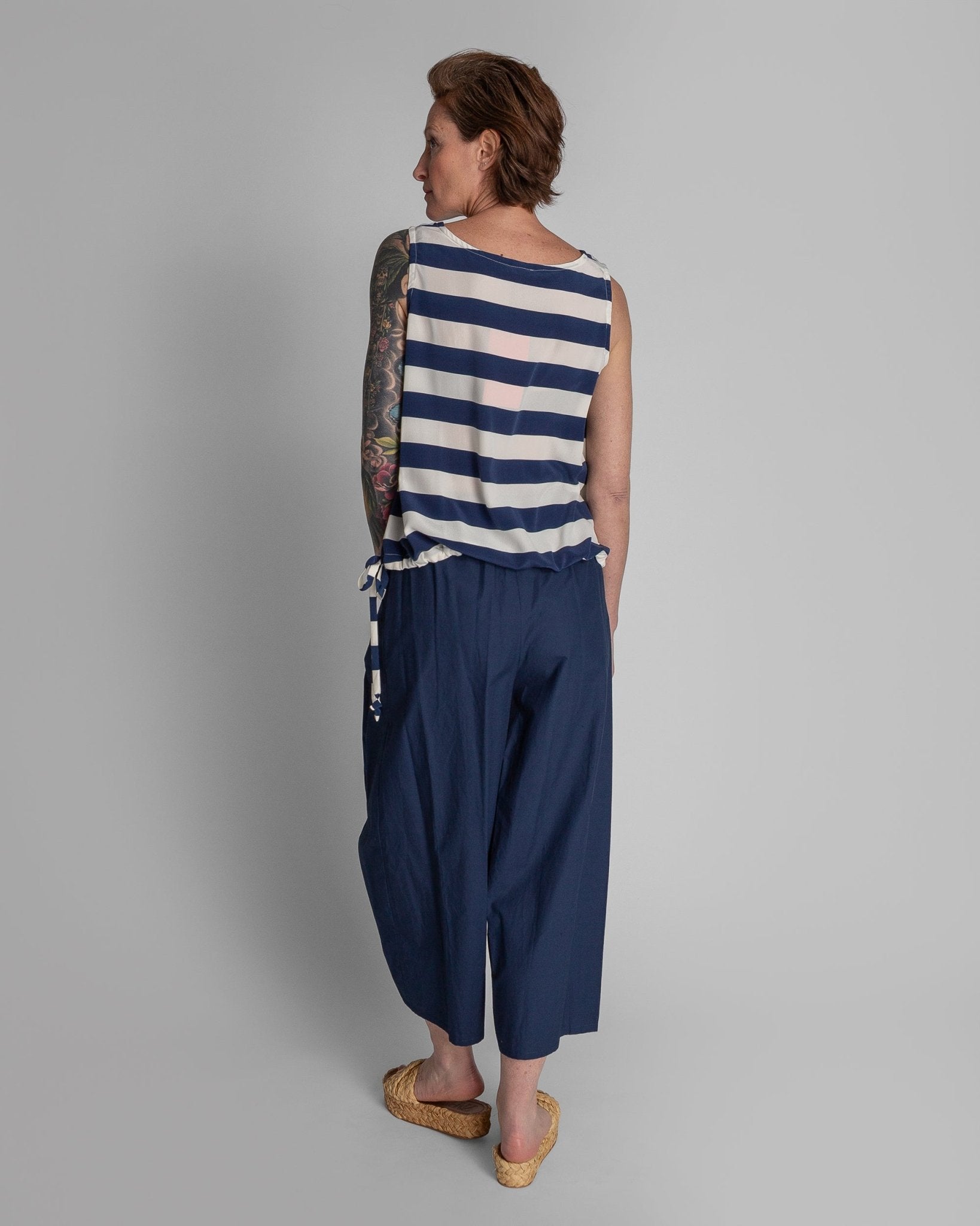 Drawstring Top in Blue and White Striped SilkSleeveless
