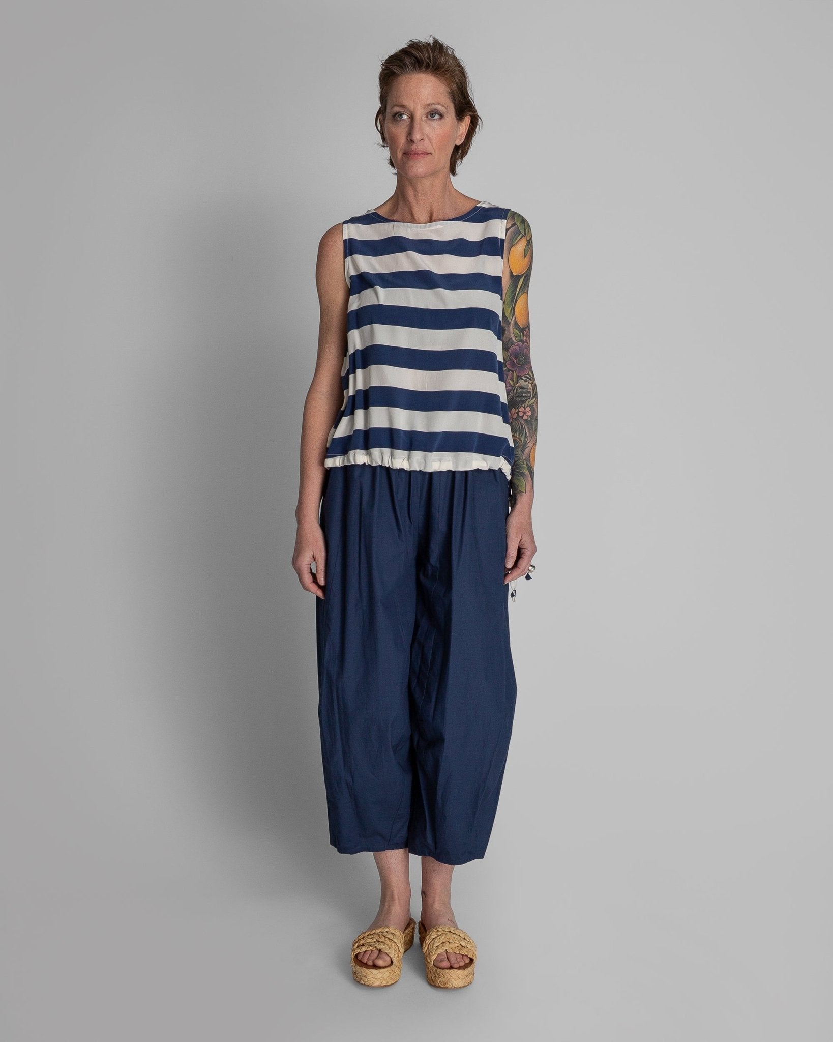 Drawstring Top in Blue and White Striped SilkSleeveless