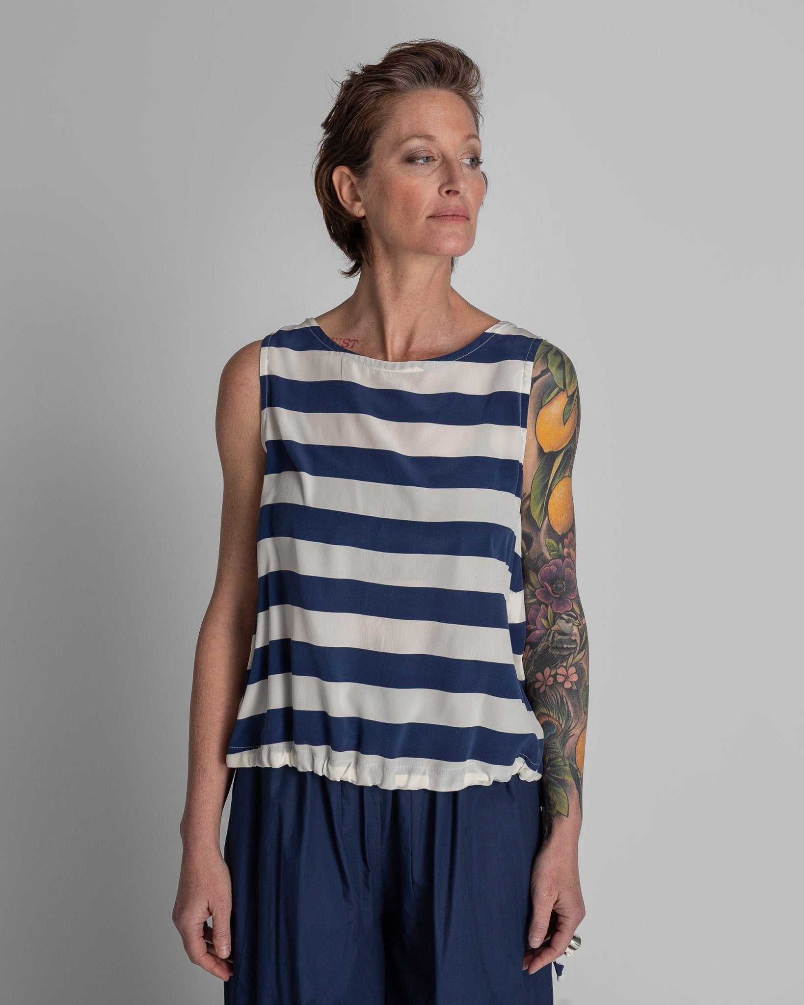Drawstring Top in Blue and White Striped SilkSleeveless
