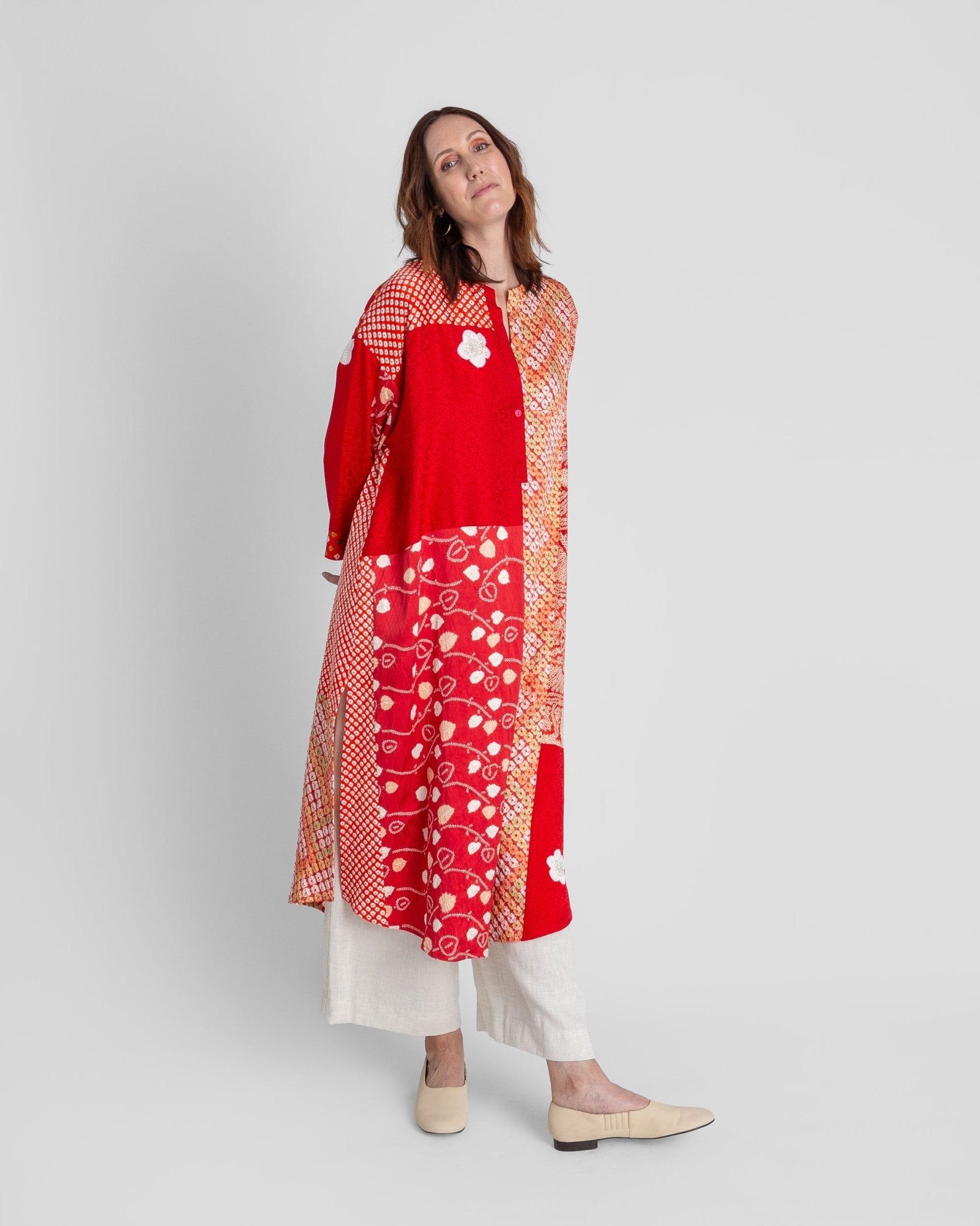 Flared Caftan in Vintage Japanese Tie-Dyed Red SilksCaftan