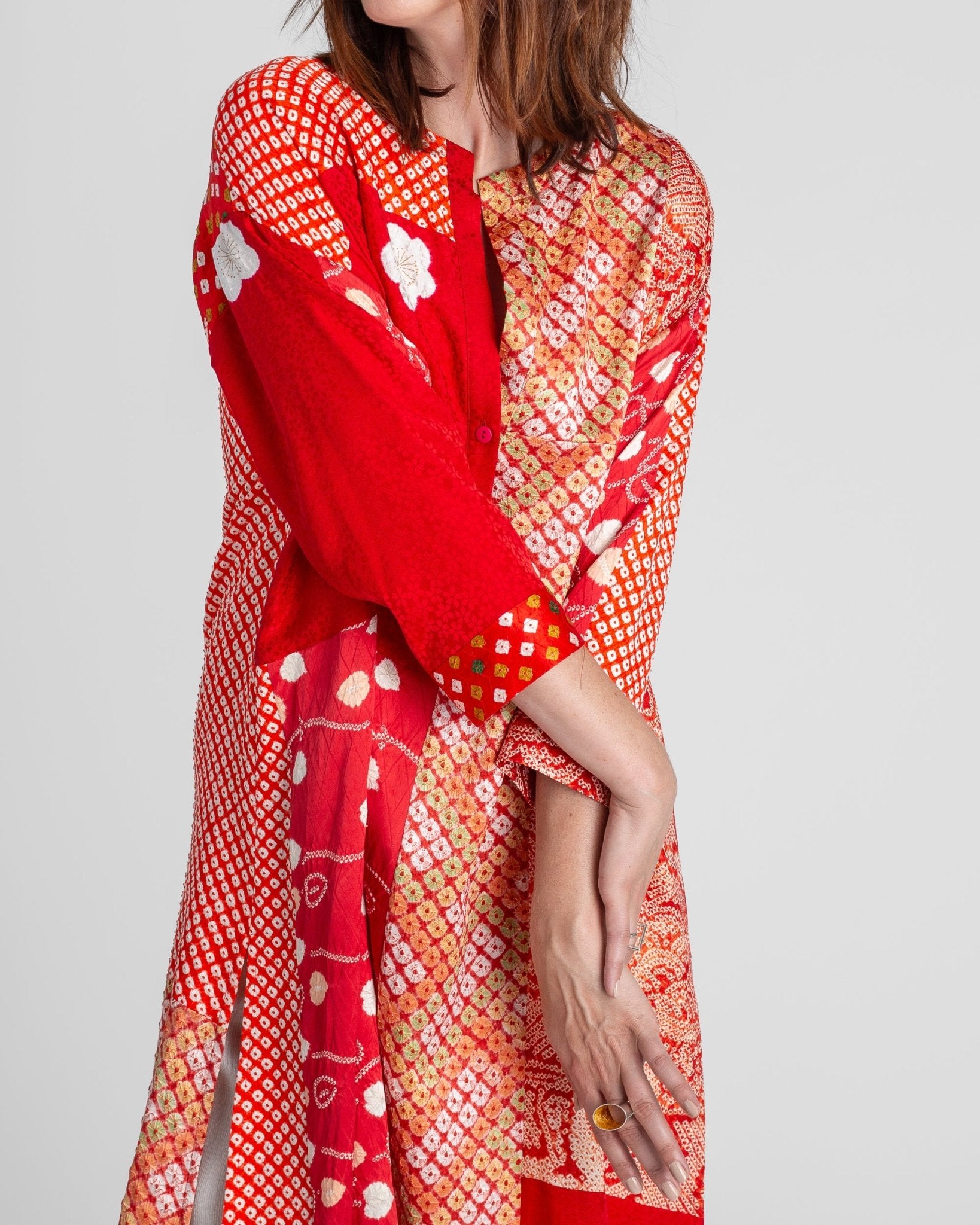 Flared Caftan in Vintage Japanese Tie-Dyed Red SilksCaftan