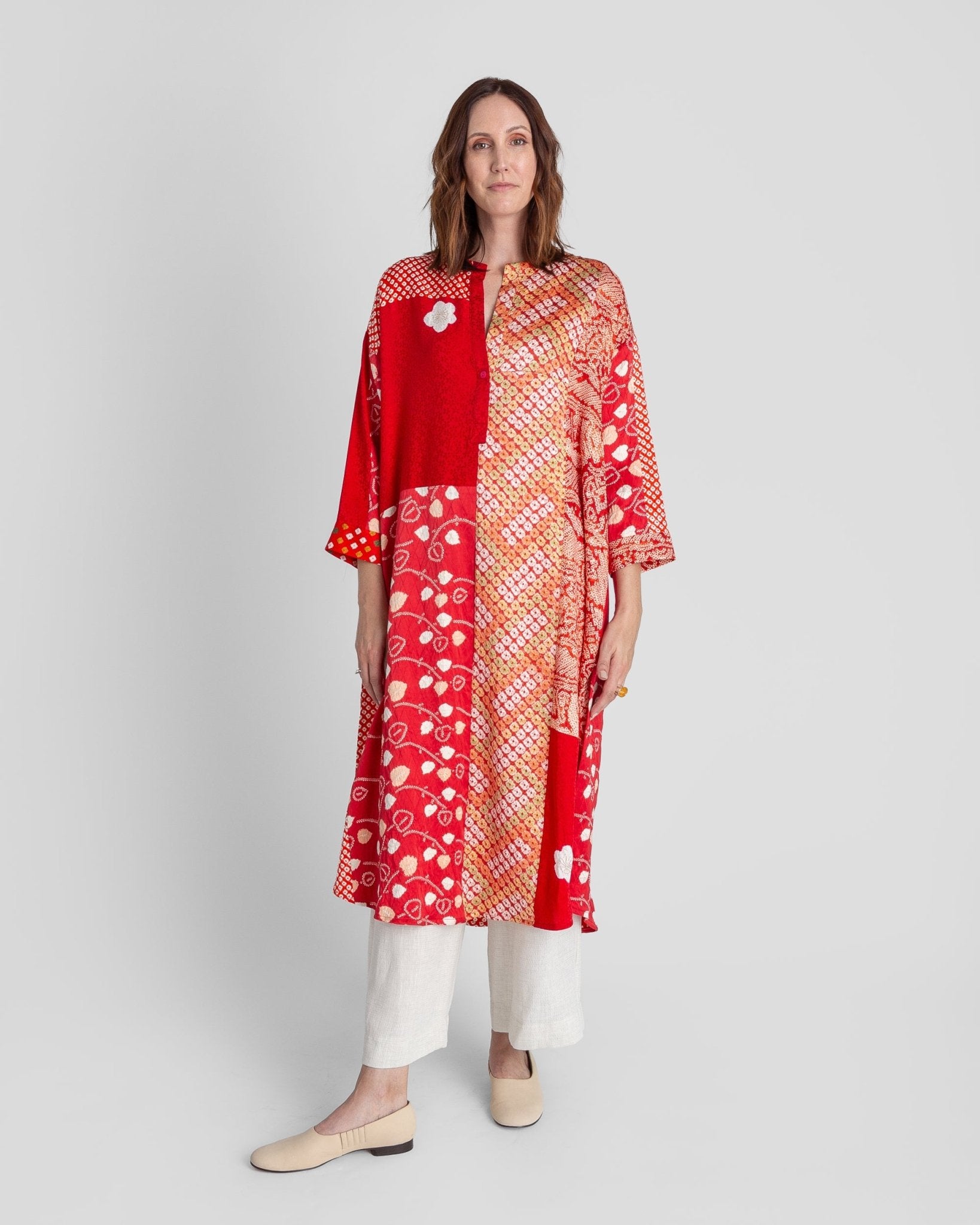 Flared Caftan in Vintage Japanese Tie-Dyed Red SilksCaftan