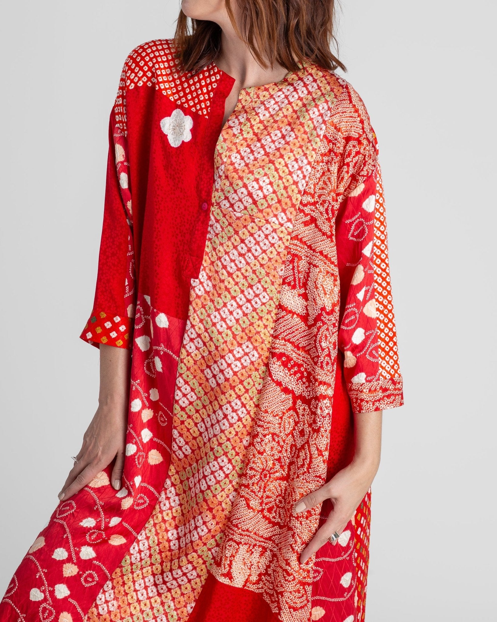 Flared Caftan in Vintage Japanese Tie-Dyed Red SilksCaftan