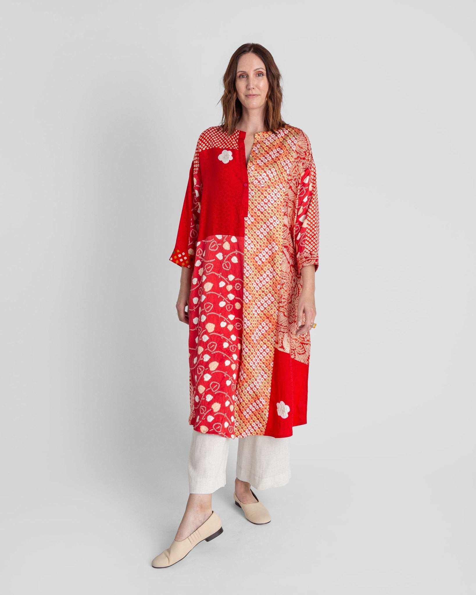 Flared Caftan in Vintage Japanese Tie-Dyed Red SilksCaftan