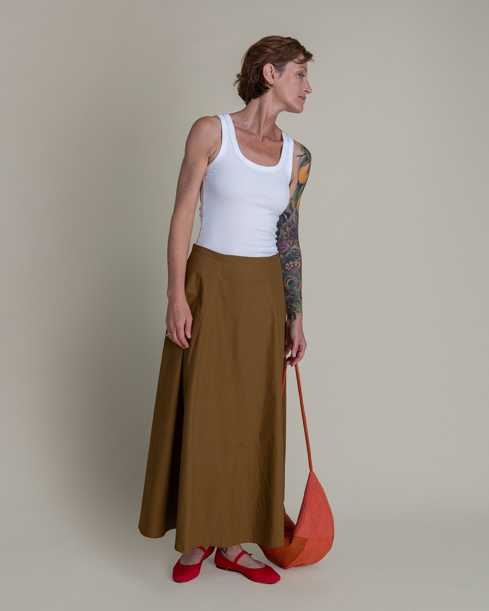 Gored Skirt in Tobacco Cotton PoplinGored Skirts