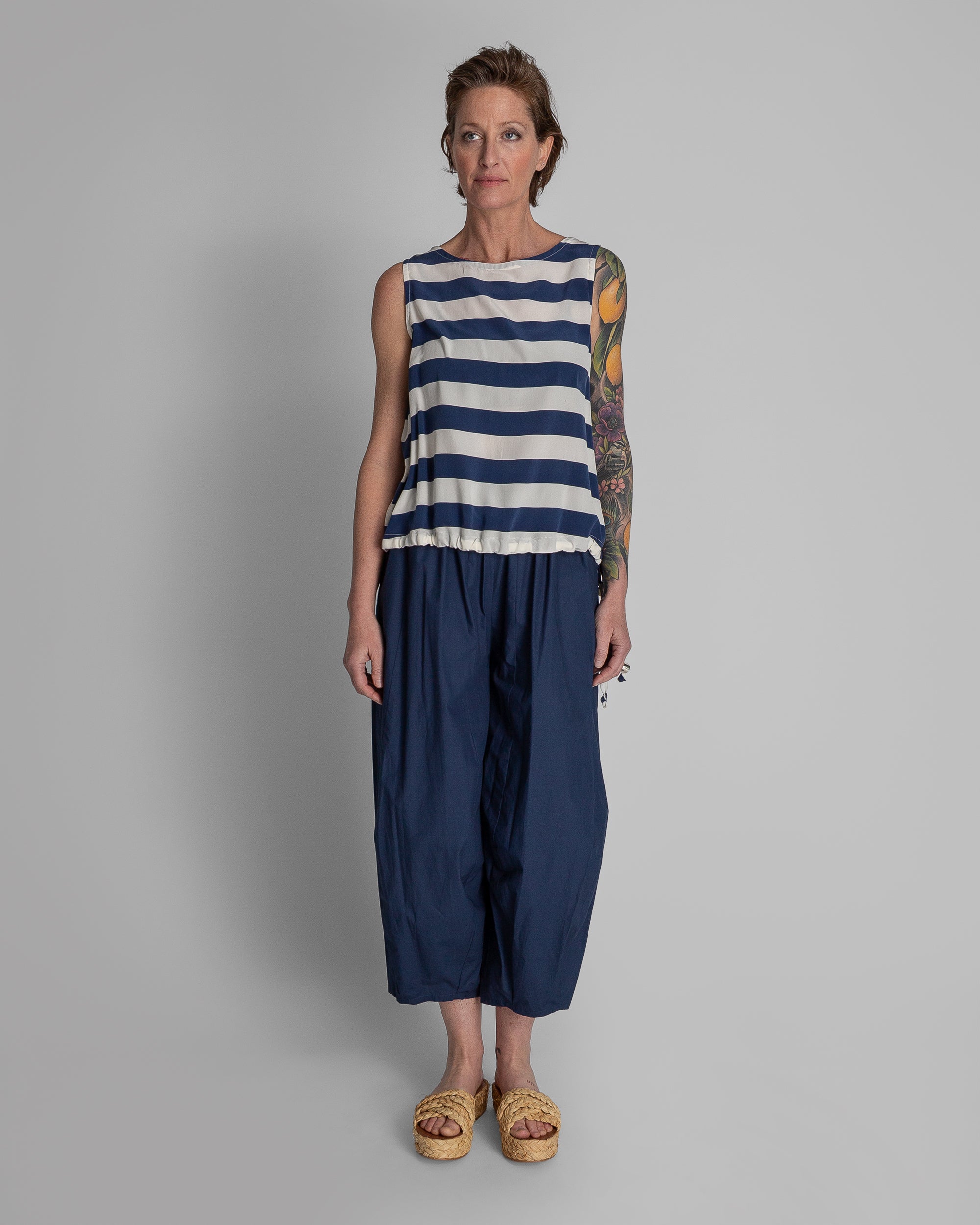 Drawstring Top in Blue and White Striped Silk