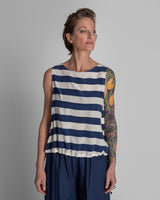 Drawstring Top in Blue and White Striped Silk