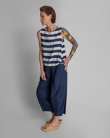 Drawstring Top in Blue and White Striped Silk