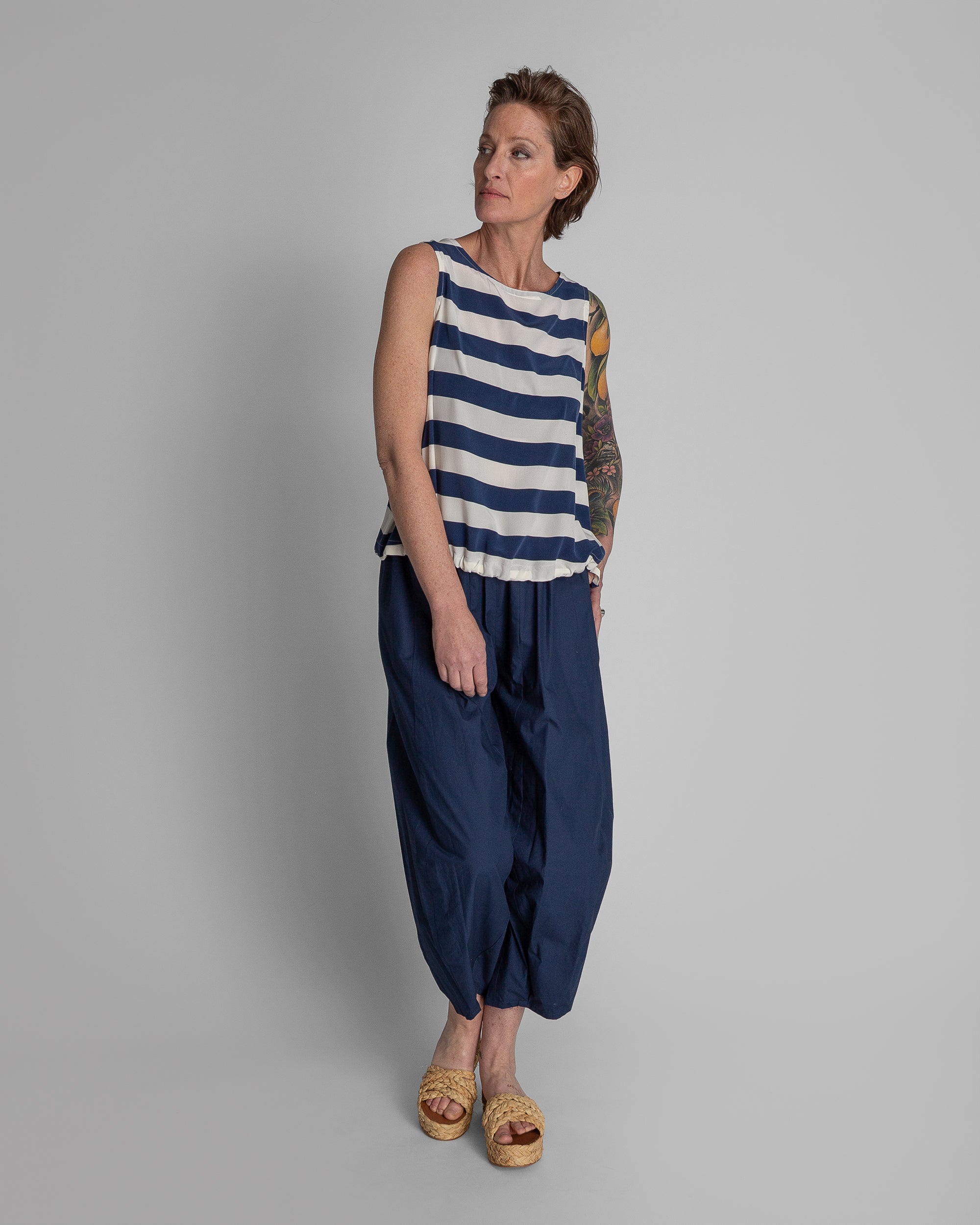 Drawstring Top in Blue and White Striped Silk