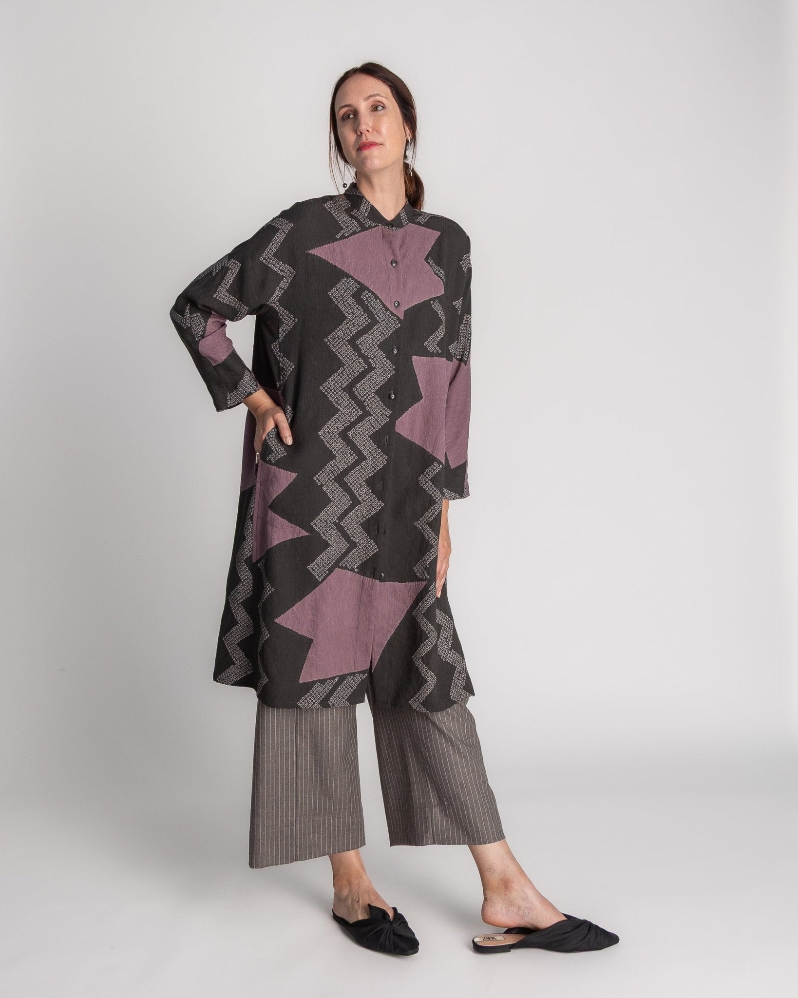 Japan Dress in Vintage Charcoal and Pink Japanese Tie-dyed SilkJapan Dress
