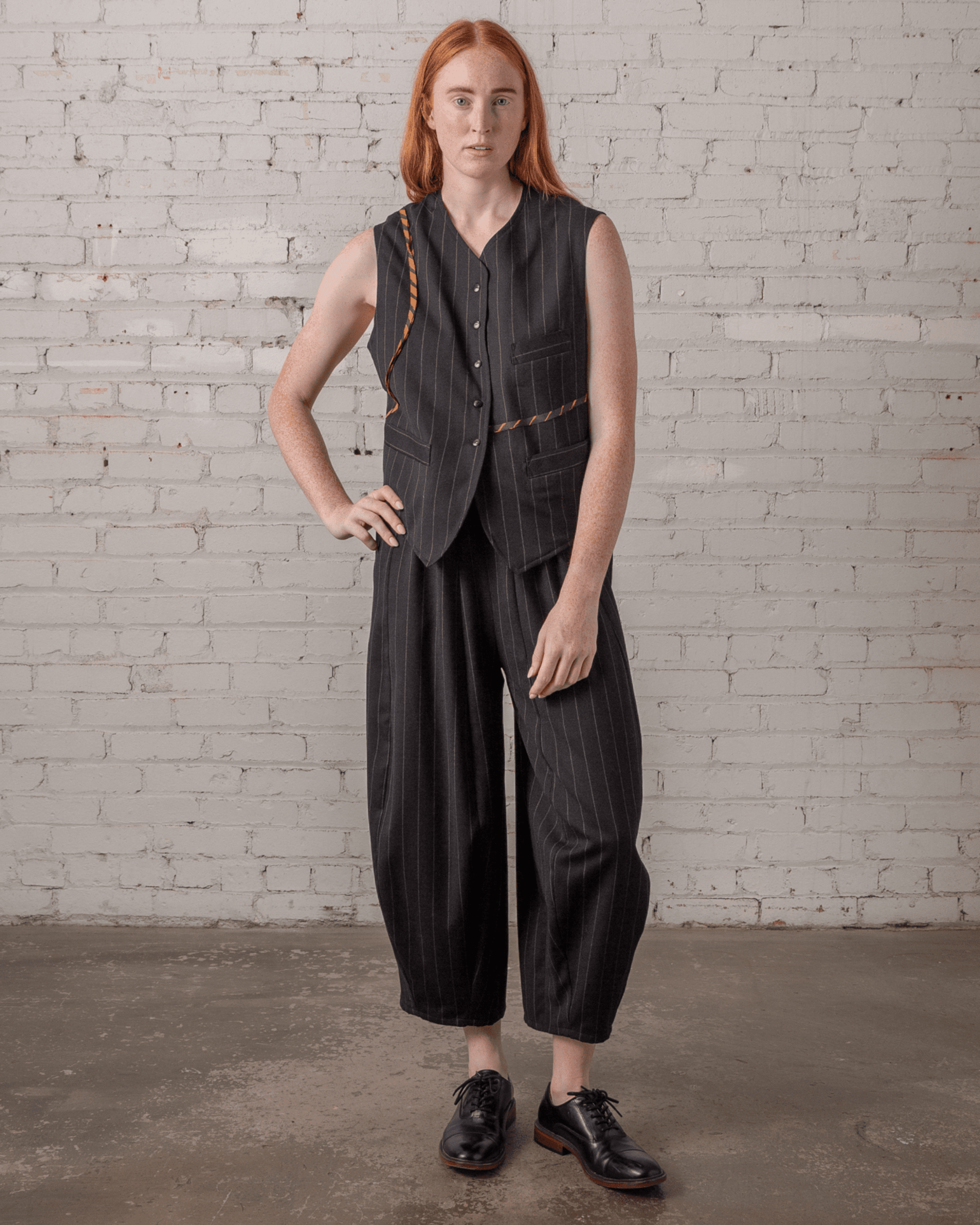Japan Vest in Wool Pinstripe with Vintage Ribbons