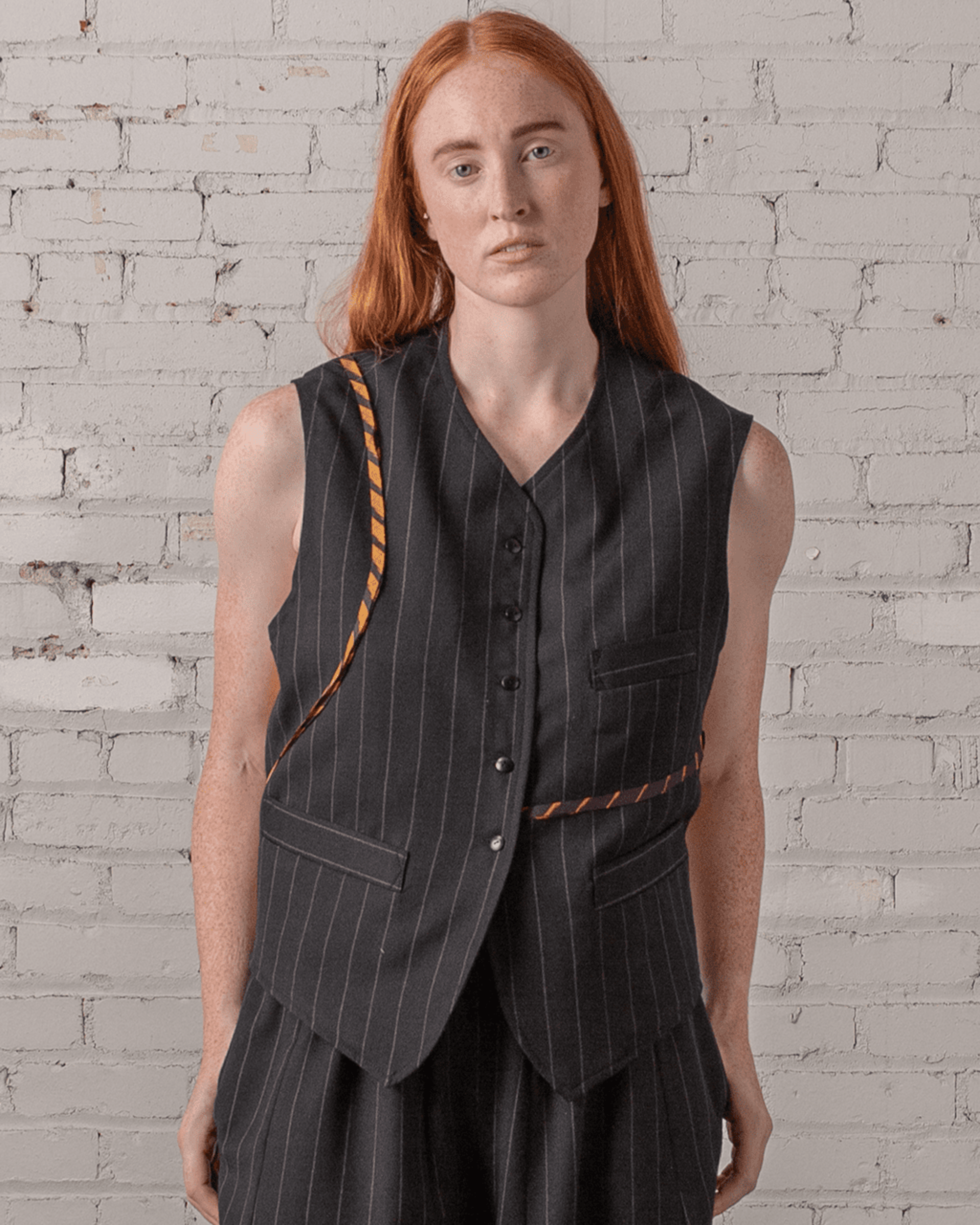 Japan Vest in Wool Pinstripe with Vintage Ribbons