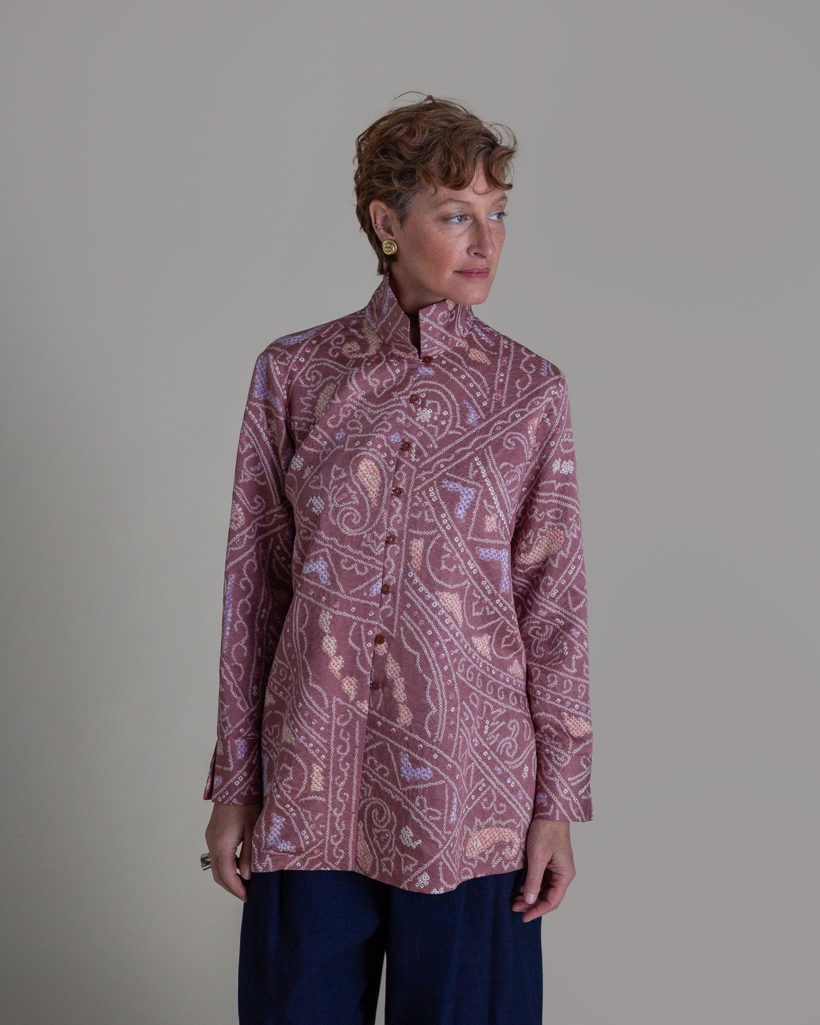 Long Shibori Blouse with Cuff in Vintage Japanese Silk Tie DyeShibori Shirt