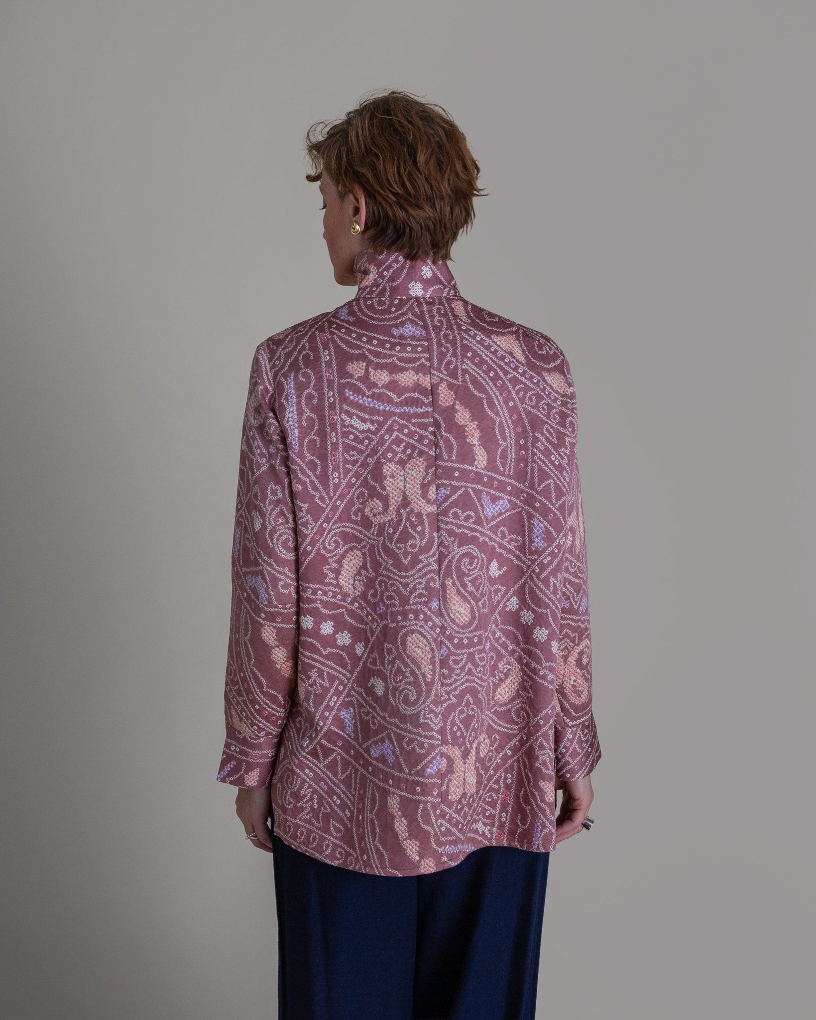 Long Shibori Blouse with Cuff in Vintage Japanese Silk Tie DyeShibori Shirt