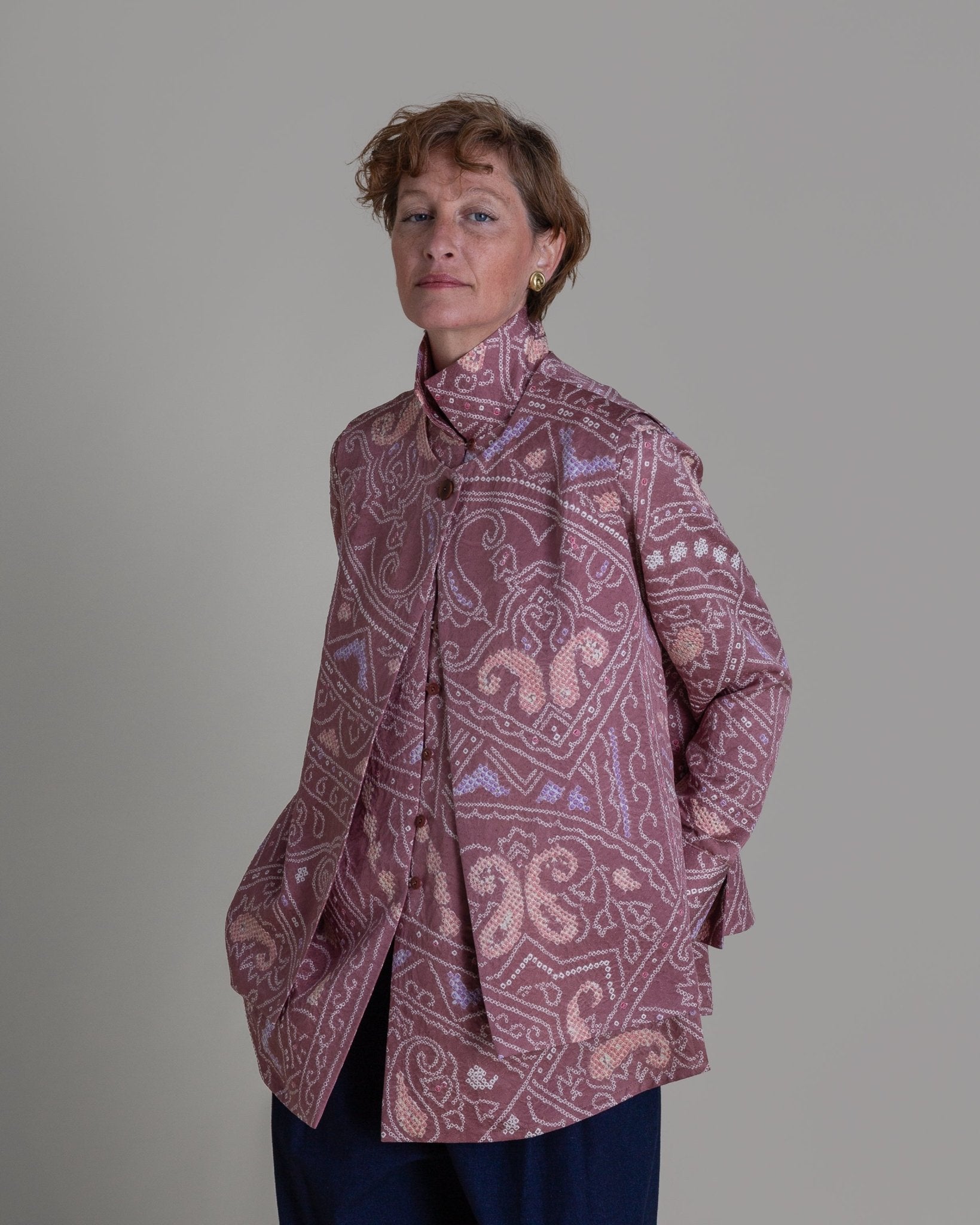 Long Shibori Blouse with Cuff in Vintage Japanese Silk Tie DyeShibori Shirt