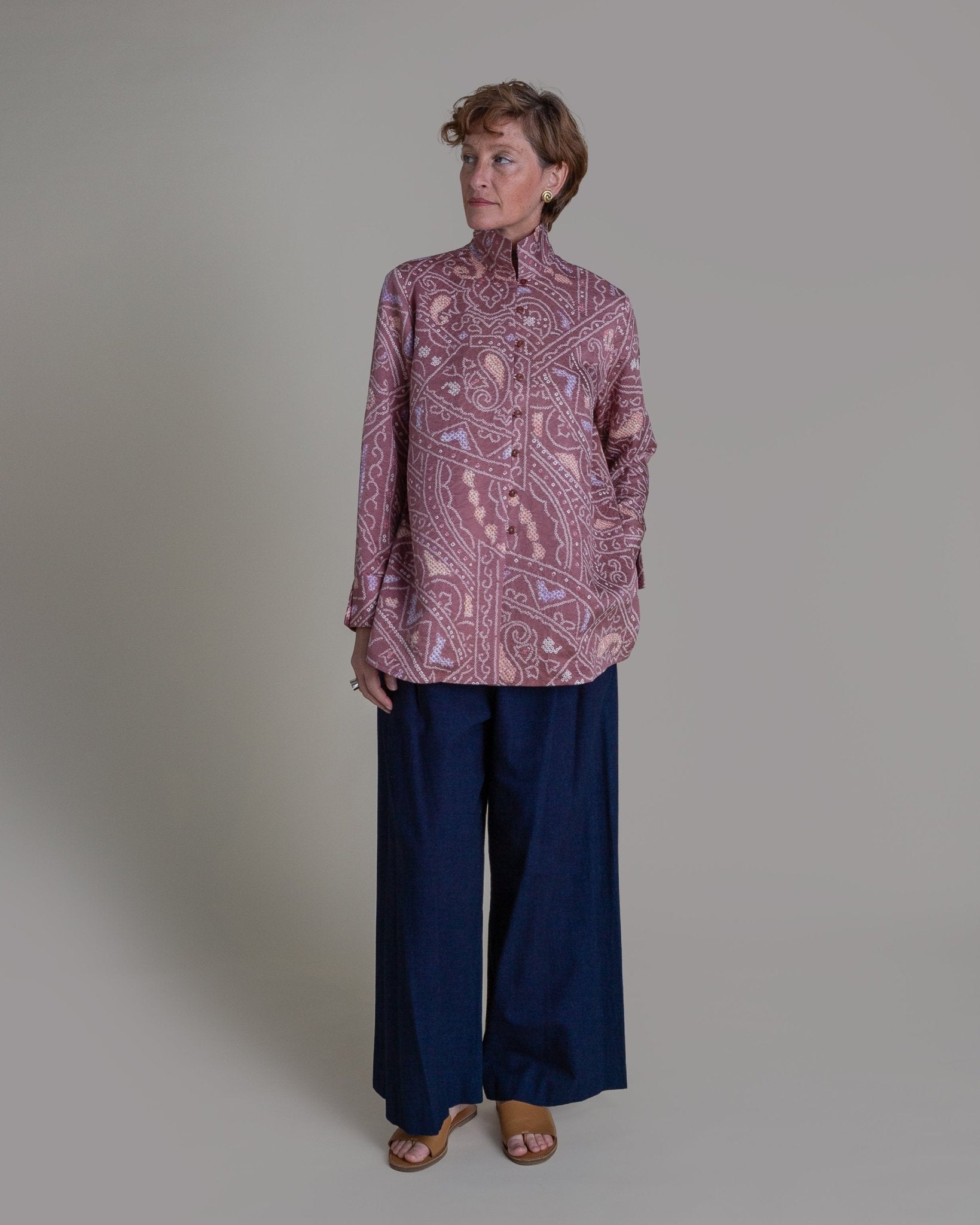 Long Shibori Blouse with Cuff in Vintage Japanese Silk Tie DyeShibori Shirt