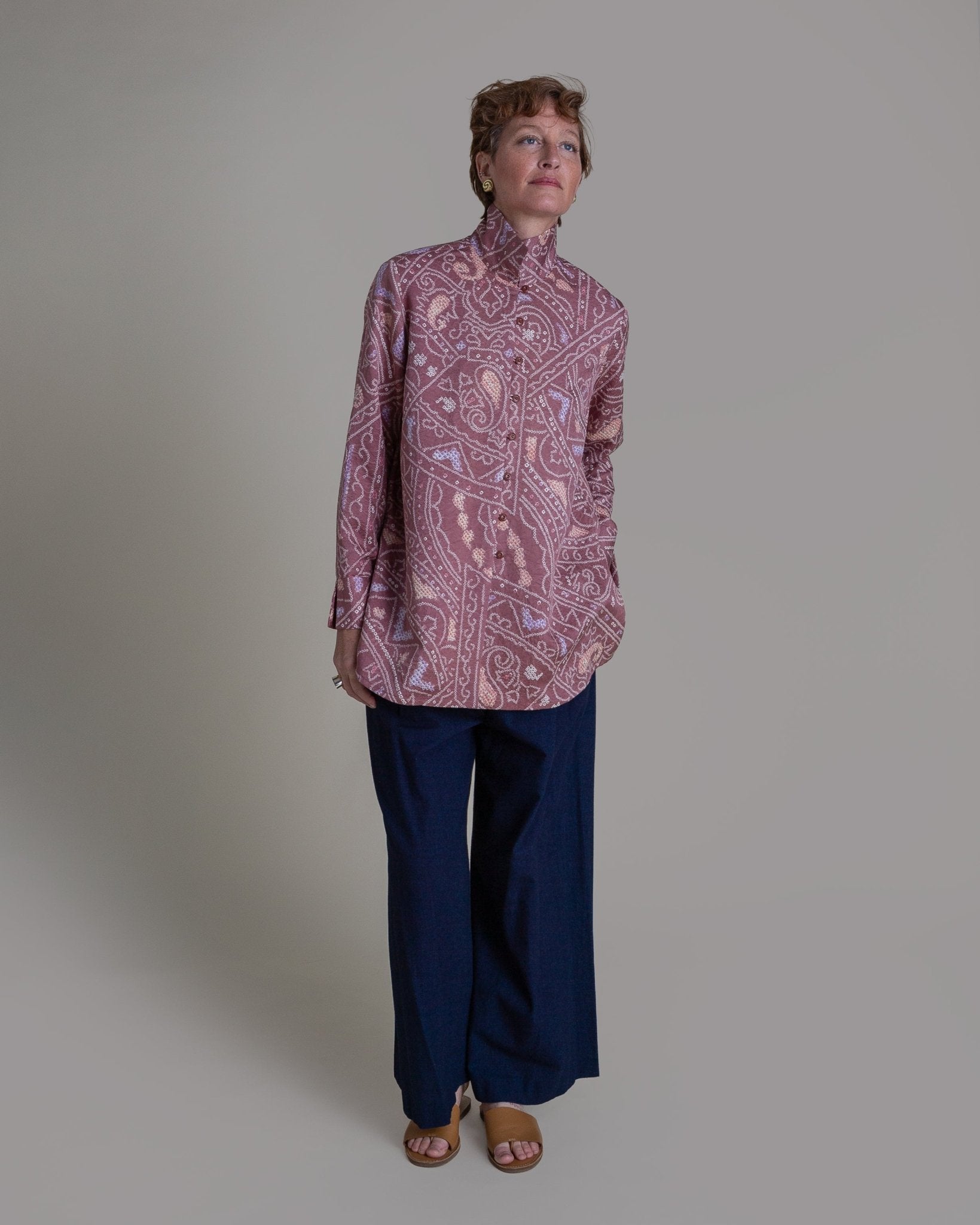 Long Shibori Blouse with Cuff in Vintage Japanese Silk Tie DyeShibori Shirt
