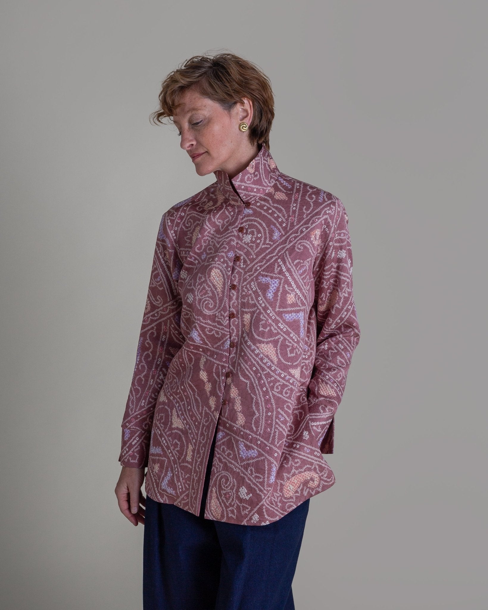 Long Shibori Blouse with Cuff in Vintage Japanese Silk Tie DyeShibori Shirt