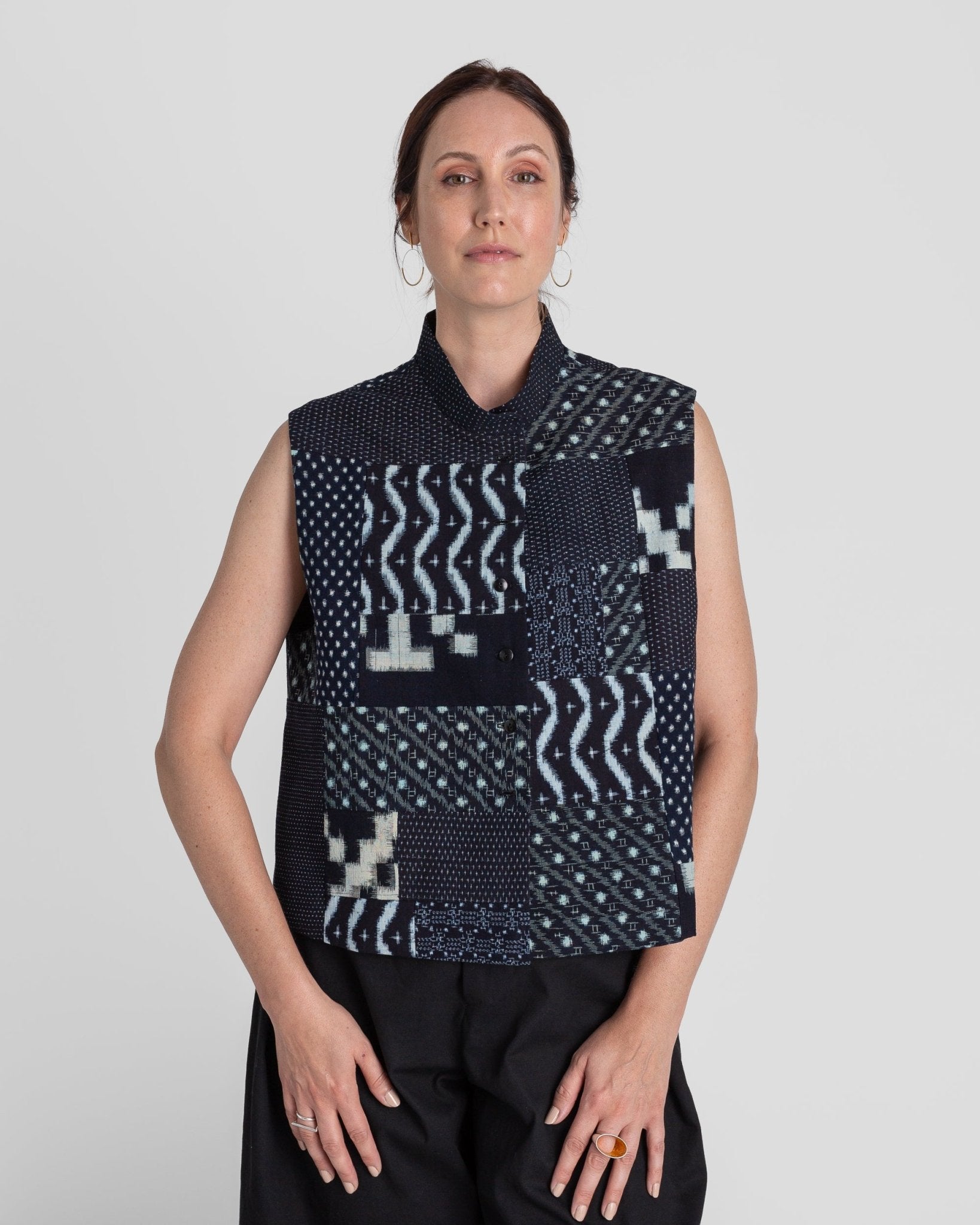 Mandarin Vest in Vintage Japanese ikat Indigo CottonsMandarin Vests