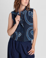 Mandarin Vest in Vintage Japanese Indigo Cotton with Scrolling Vine PatternMandarin Vests