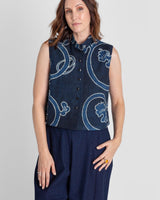 Mandarin Vest in Vintage Japanese Indigo Cotton with Scrolling Vine PatternMandarin Vests