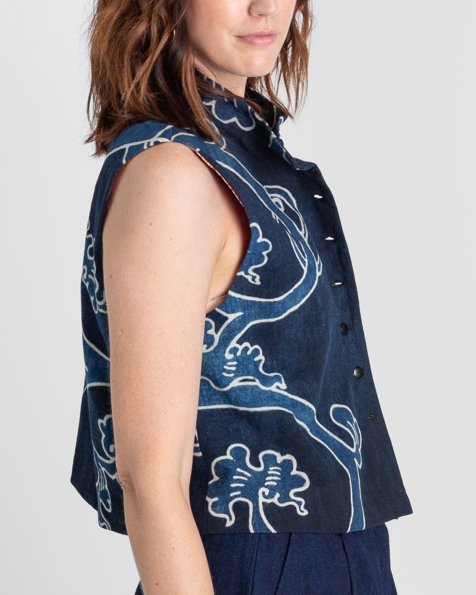 Mandarin Vest in Vintage Japanese Indigo Cotton with Scrolling Vine PatternMandarin Vests