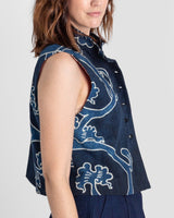 Mandarin Vest in Vintage Japanese Indigo Cotton with Scrolling Vine PatternMandarin Vests