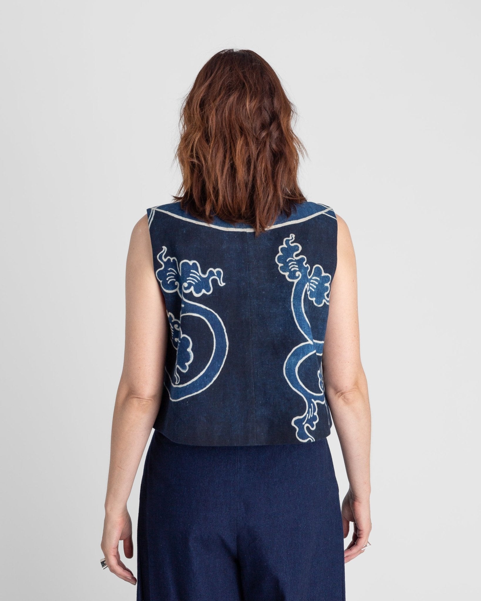 Mandarin Vest in Vintage Japanese Indigo Cotton with Scrolling Vine PatternMandarin Vests