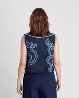 Mandarin Vest in Vintage Japanese Indigo Cotton with Scrolling Vine PatternMandarin Vests