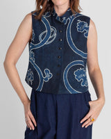 Mandarin Vest in Vintage Japanese Indigo Cotton with Scrolling Vine PatternMandarin Vests